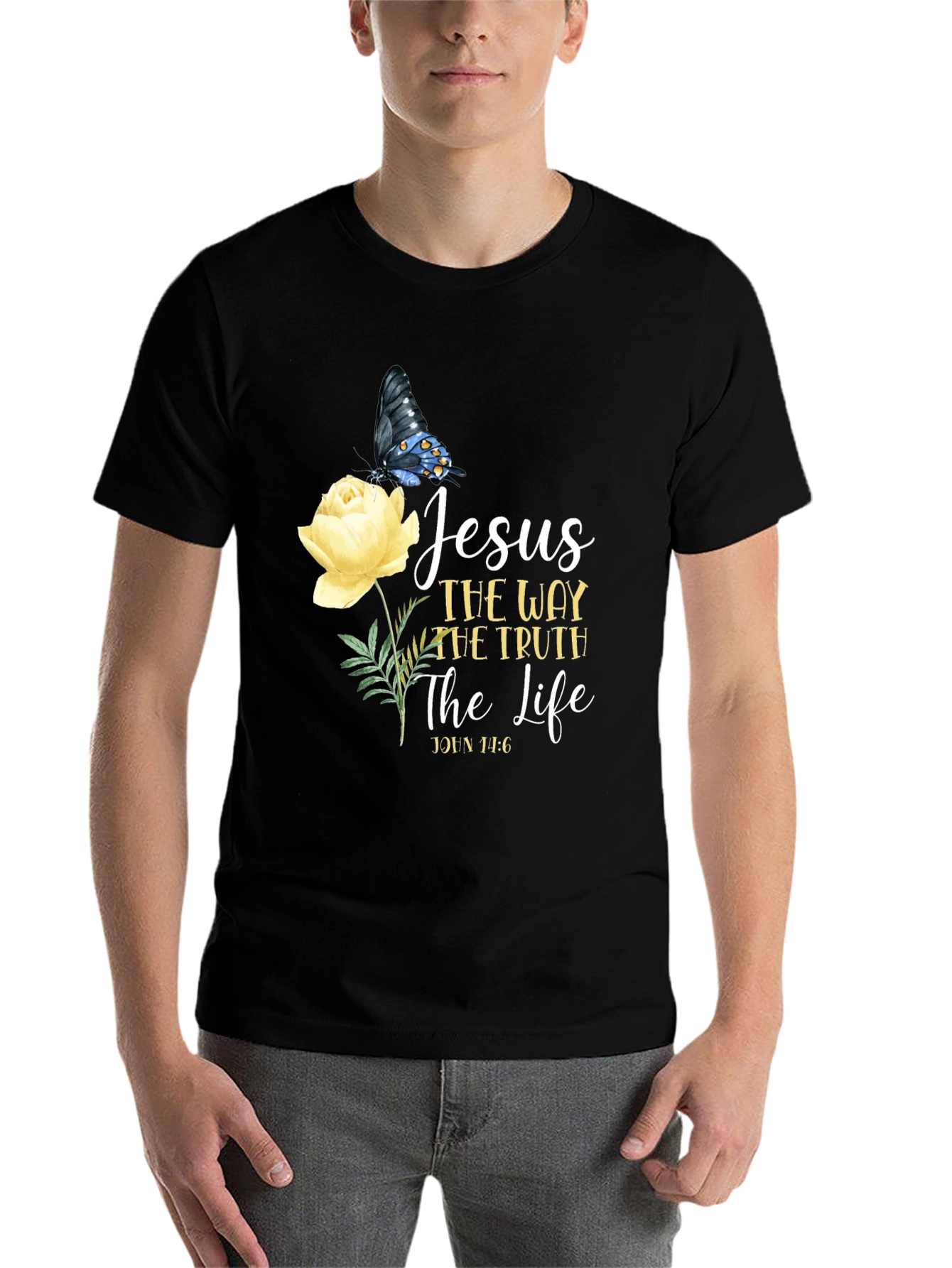 Black Jesus Way Truth Life T-Shirt Butterfly Rose Graphic view 7