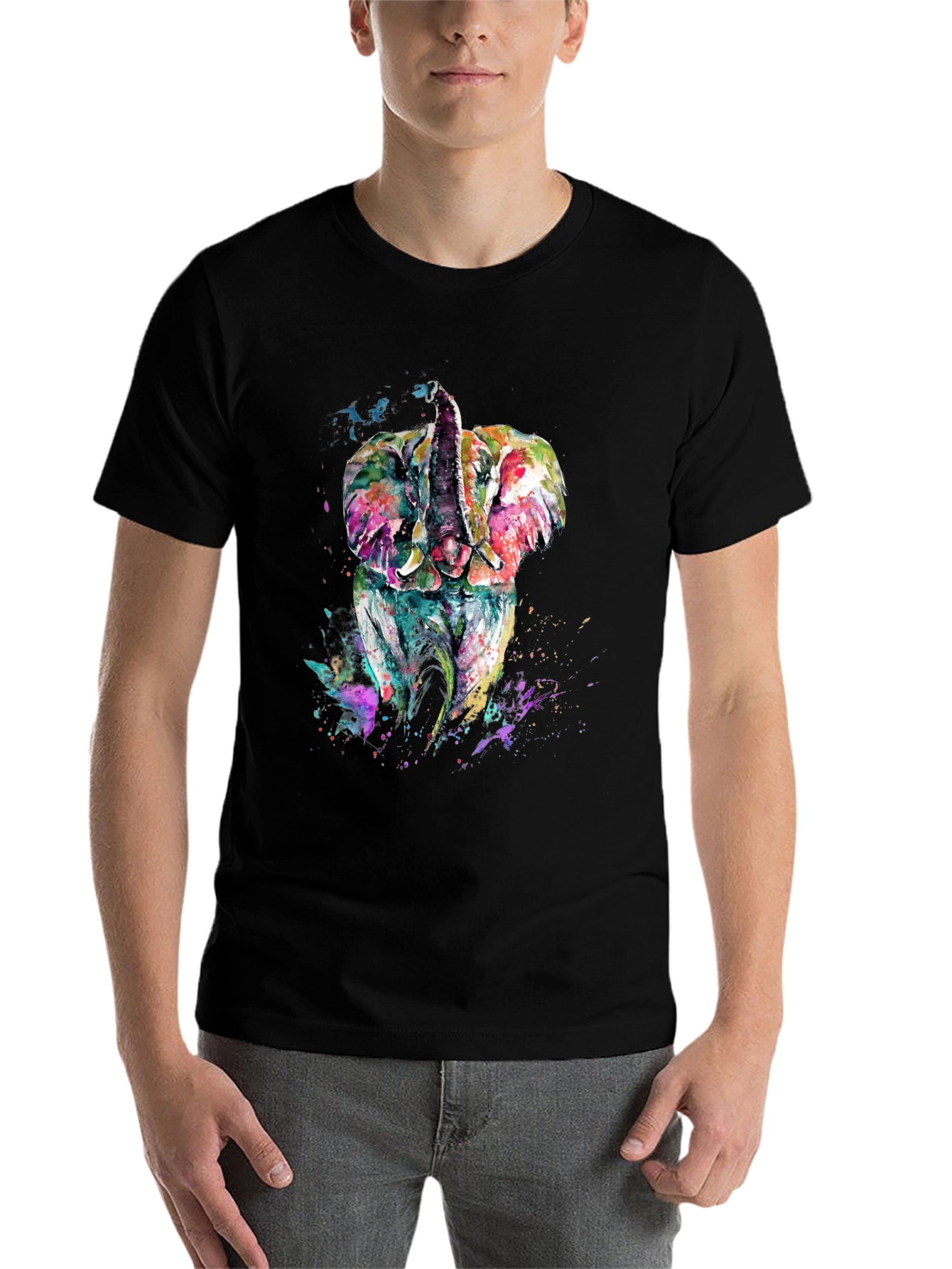 Black Elephant Watercolor Graphic Tee - Men's Black T-Shirt view 7
