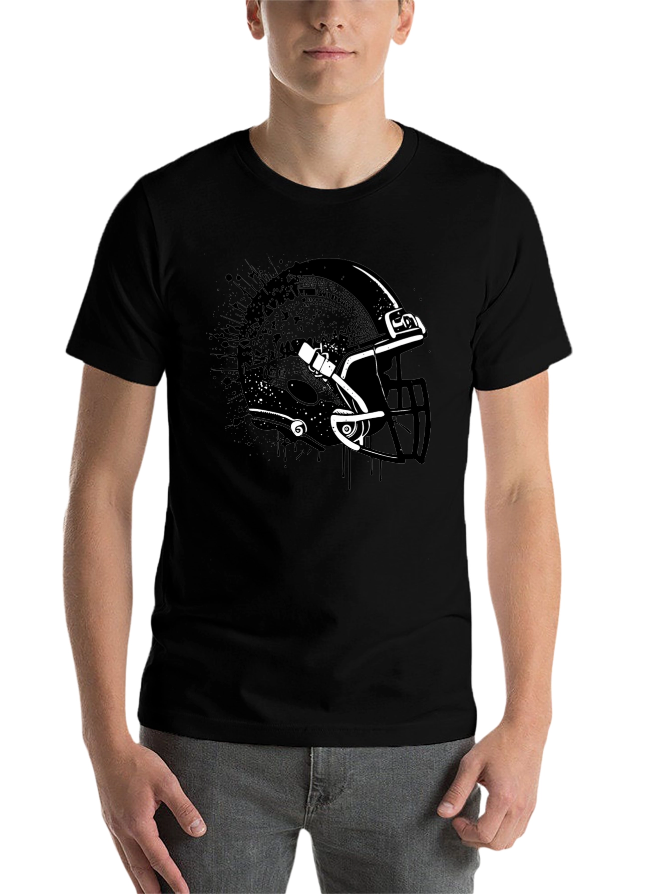 Black Football Helmet Graphic Tee - Black Cotton T-Shirt view 7