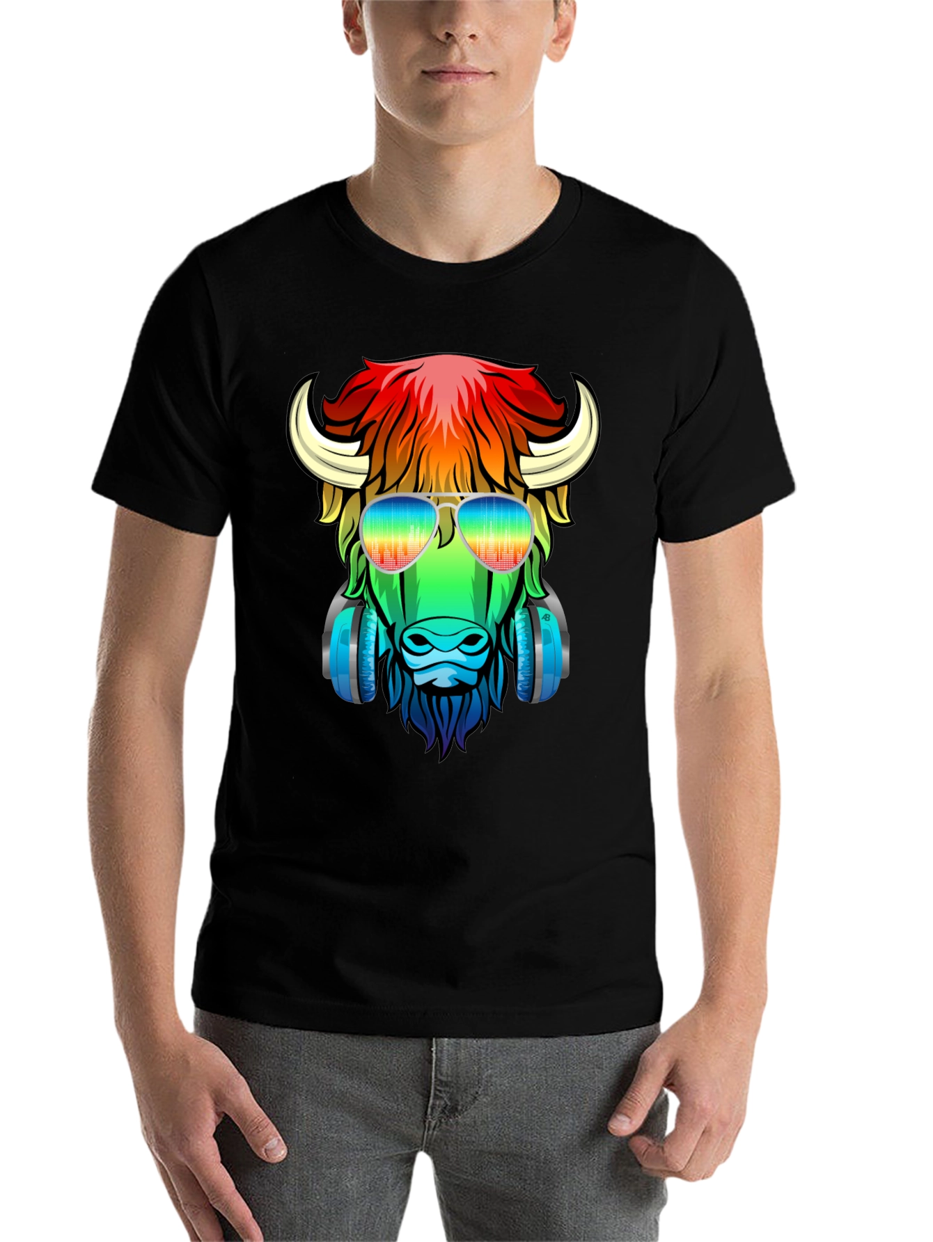 Black Cool Buffalo Graphic Tee - Colorful Animal Design view 7