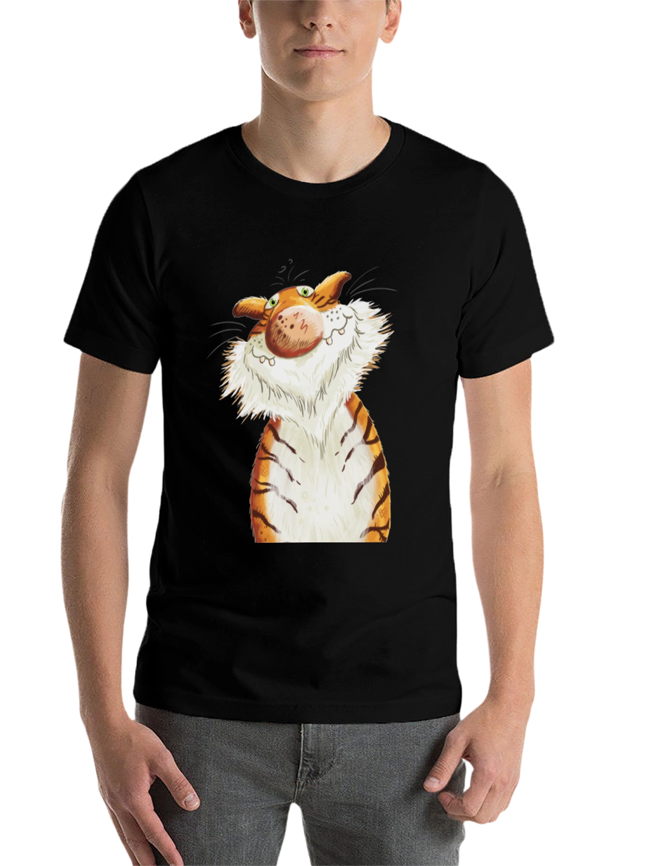 Black Cartoon Tiger Graphic Tee - Black Cotton T-Shirt view 7