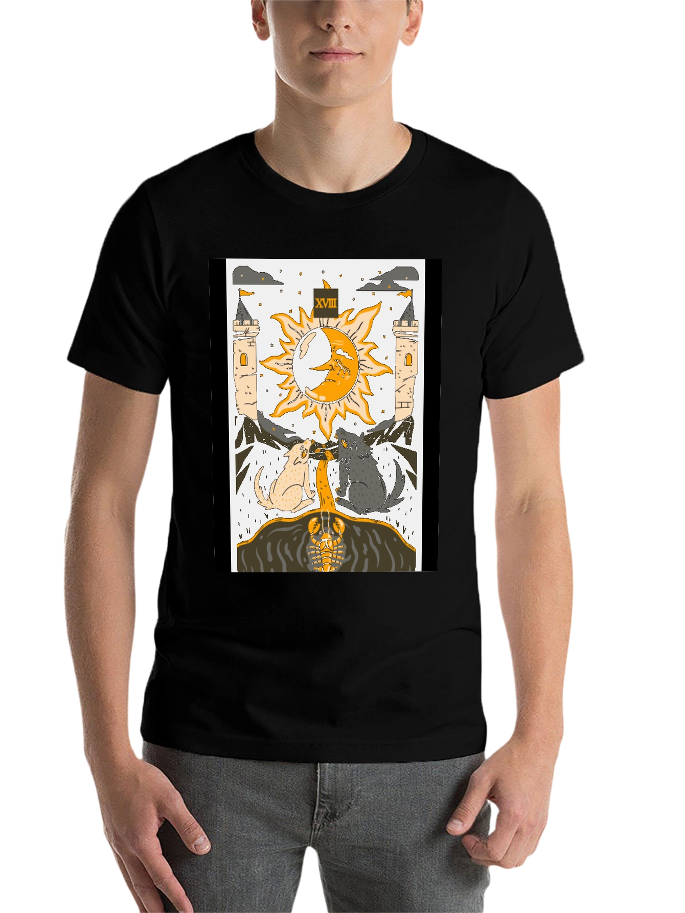 Black Moon Tarot Card T-Shirt - Lunar Wolves Design view 7