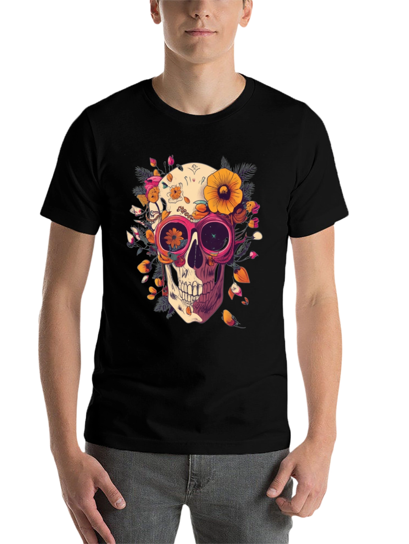 Black Floral Skull Graphic Tee - Unique Unisex T-Shirt view 7