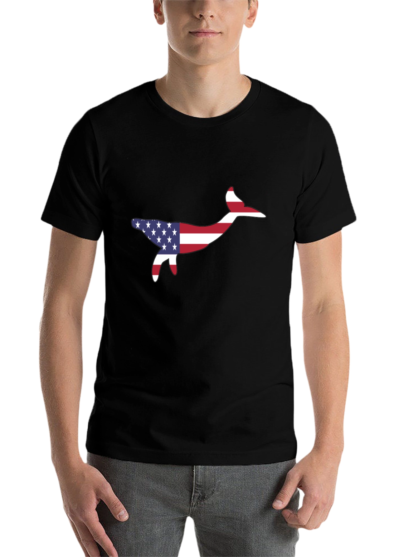 Black USA Flag Whale Graphic Tee - Patriotic Style view 7