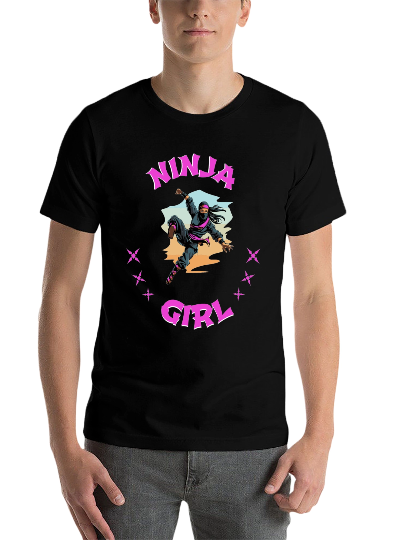 Black Ninja Girl Graphic Tee - Black Cotton T-Shirt view 7