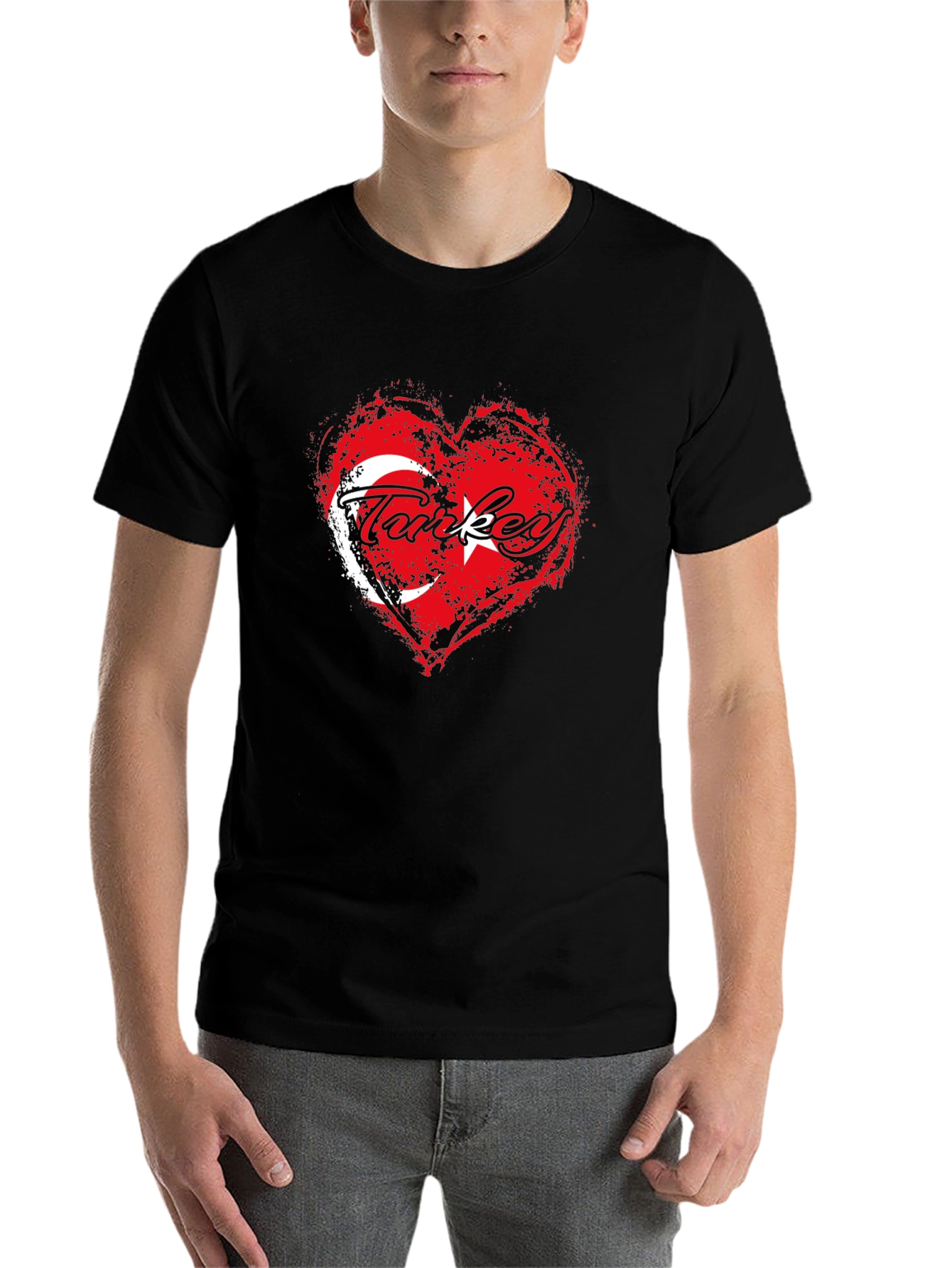 Black Turkey Flag Heart T-Shirt - Black Crew Neck Tee view 7