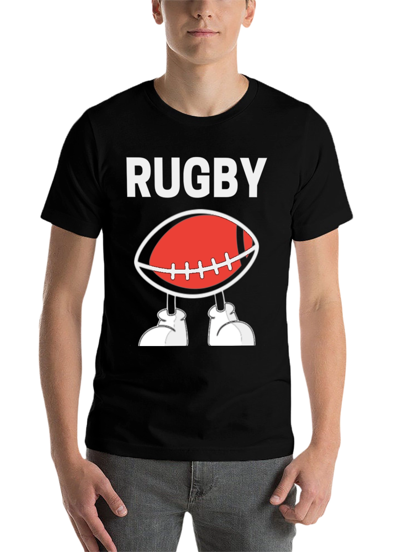 Black Rugby Football Cartoon T-Shirt - Black view 7