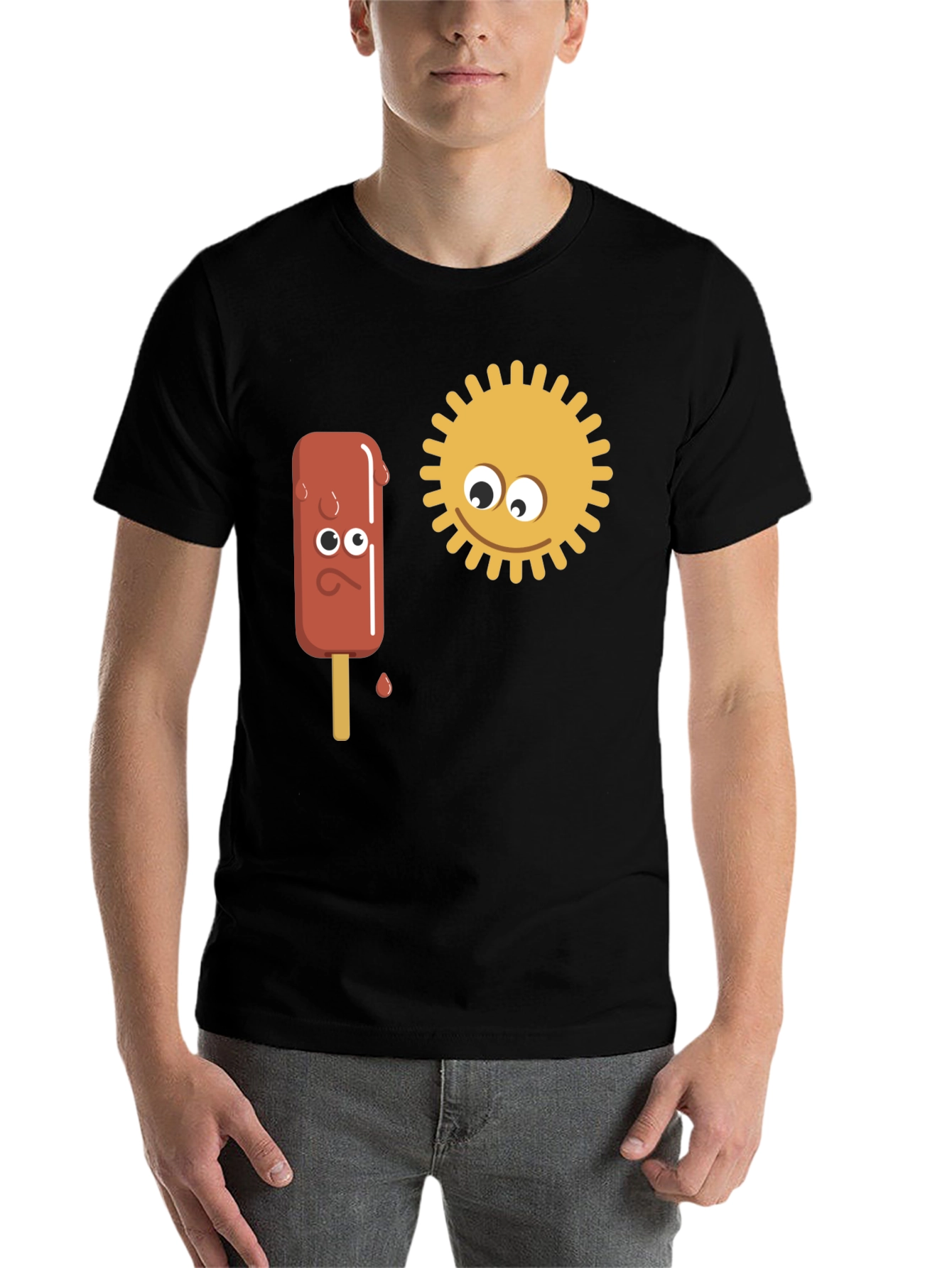 Black Funny Cartoon Sun & Ice Cream Men's Black T-Shirt view 7
