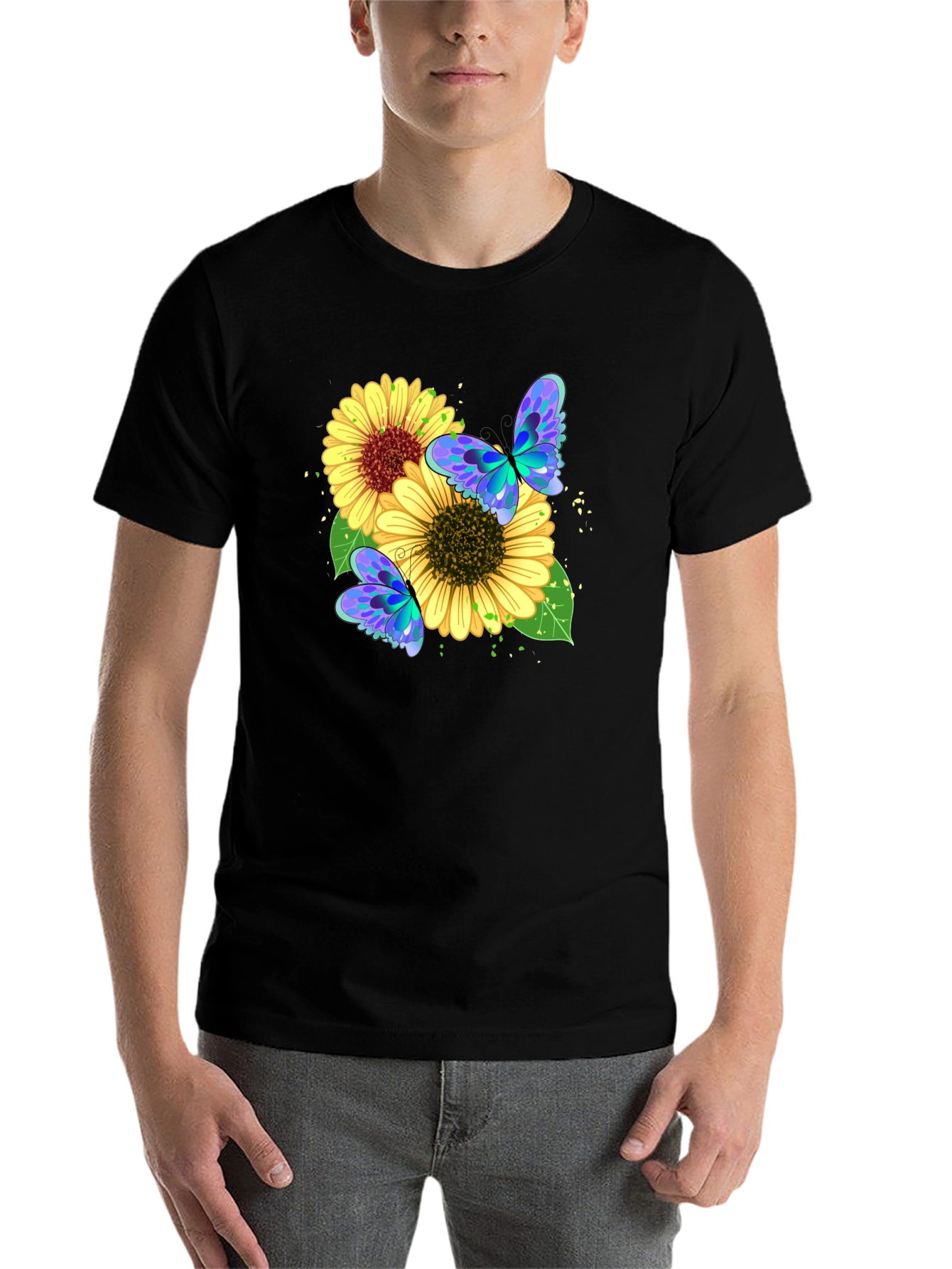 Black Sunflower Butterfly Graphic Tee - Black view 7