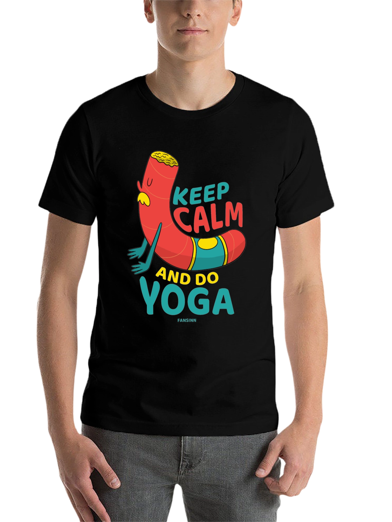 Black Keep Calm Yoga Cartoon T-Shirt view 7