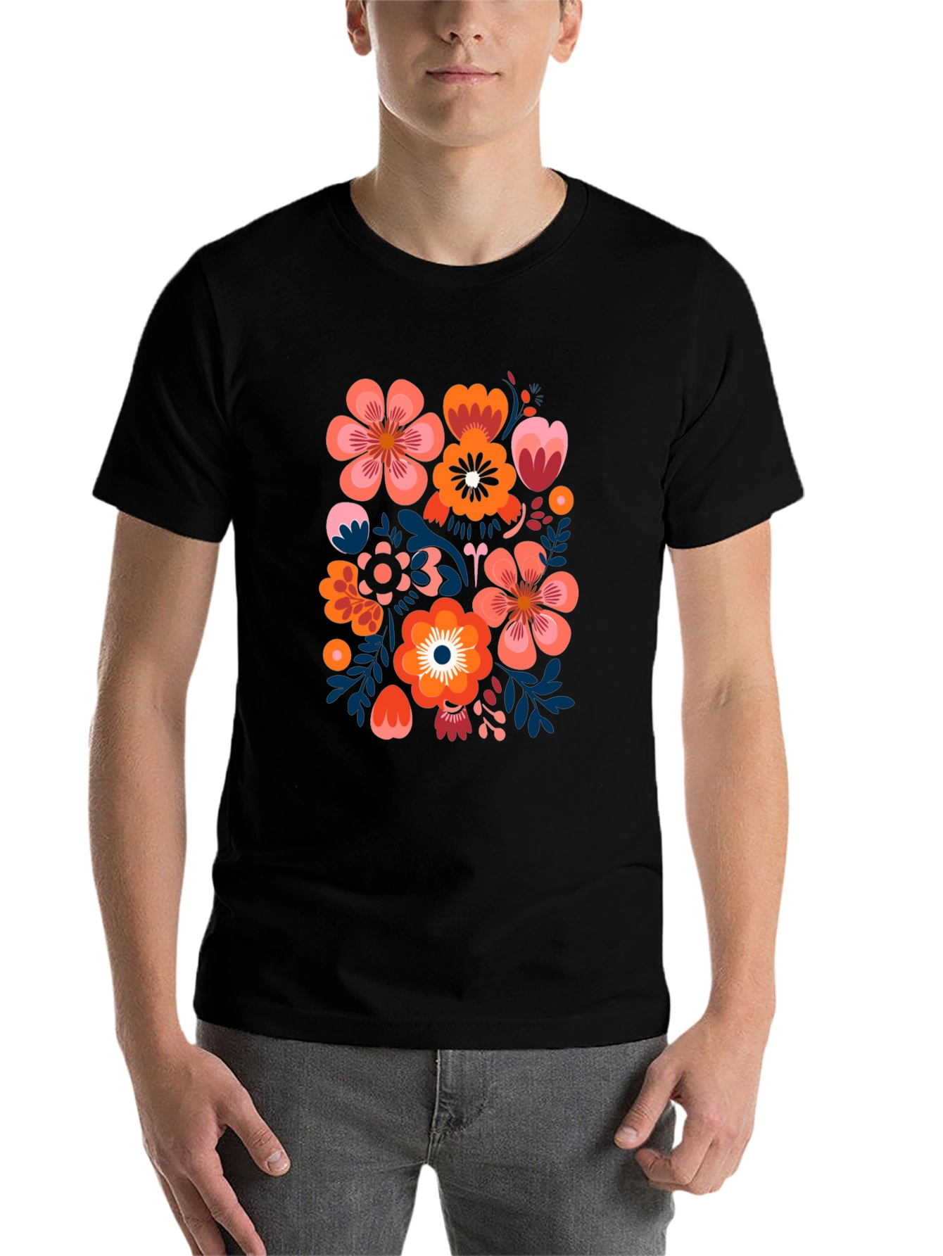 Black Floral Pattern Black T-Shirt view 7