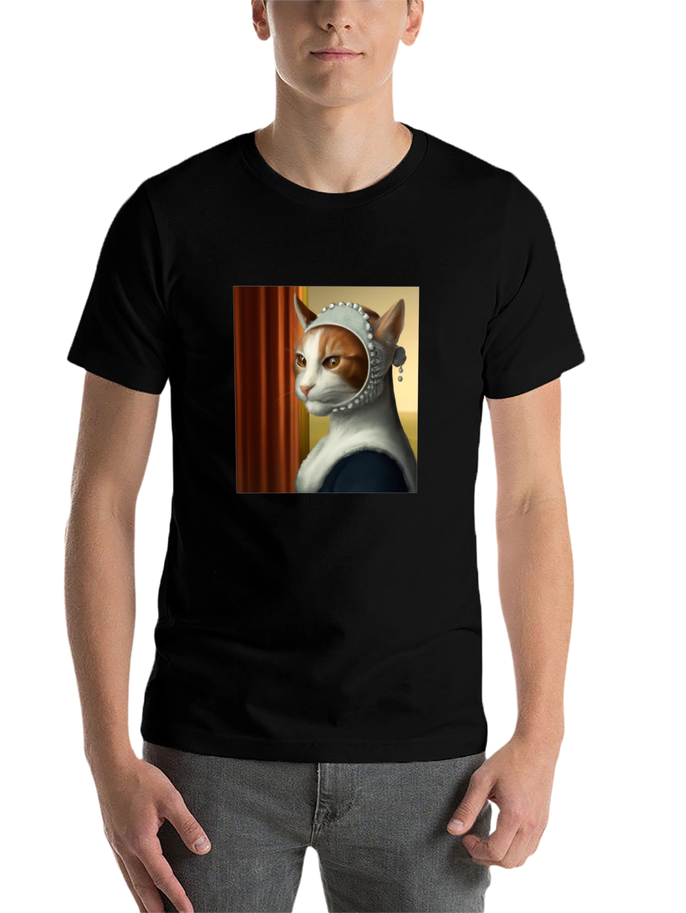 Black Cat with Pearl Earring T-Shirt view 7