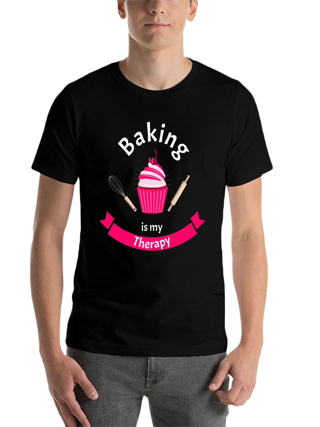 Black Baking is My Therapy T-Shirt - Cupcake Design view 7