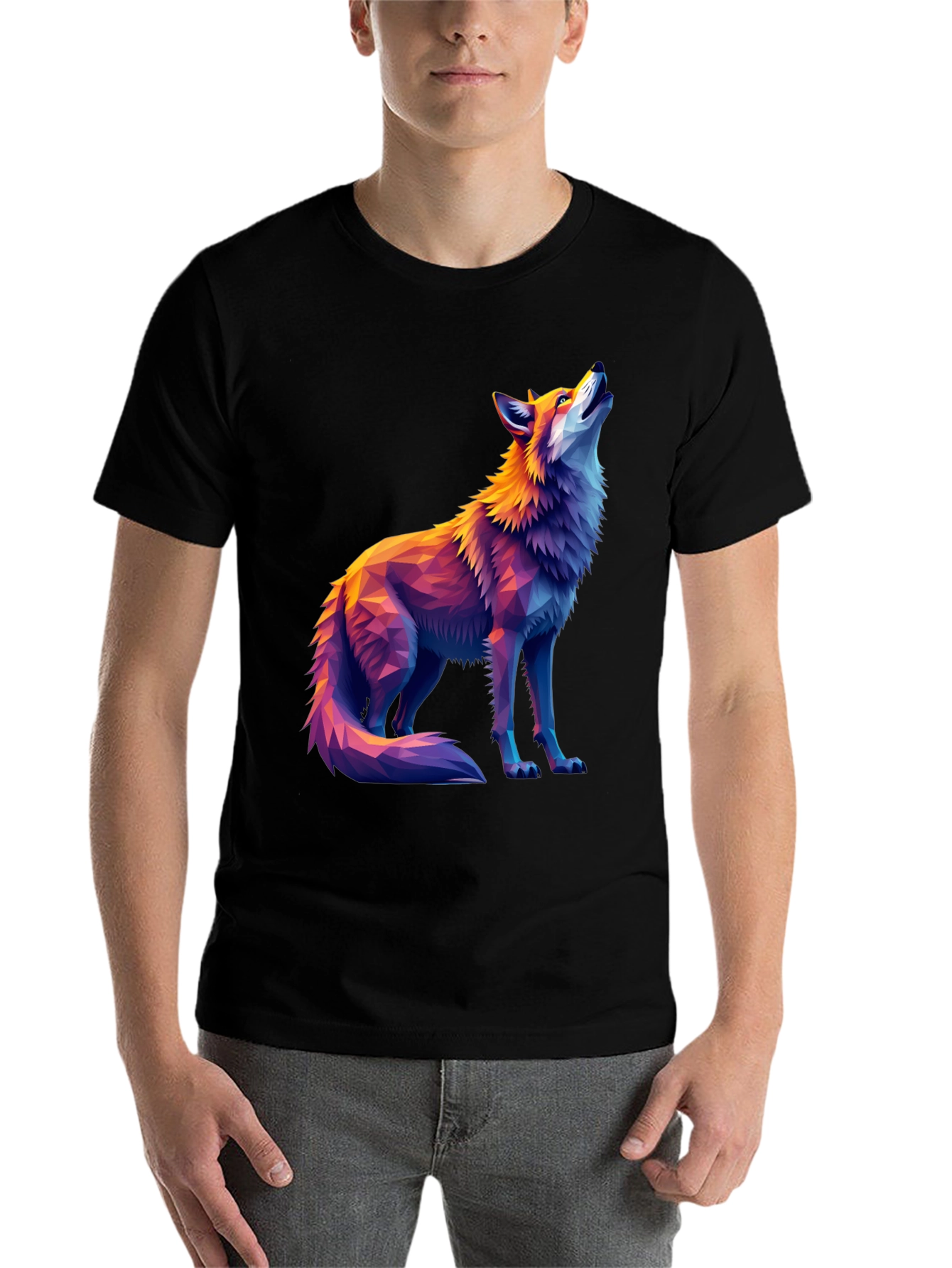 Black Geometric Wolf Graphic Tee - Artistic Black T-Shirt view 7
