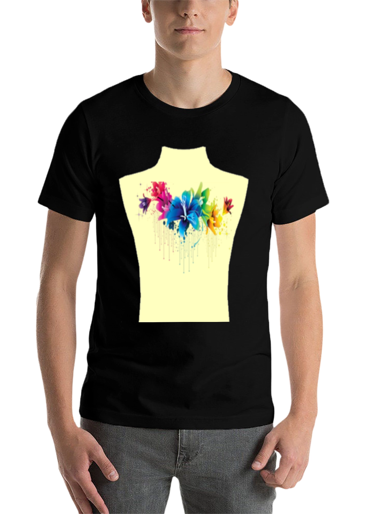 Black Floral Watercolor Graphic Tee - Stylish Men's T-Shirt view 7