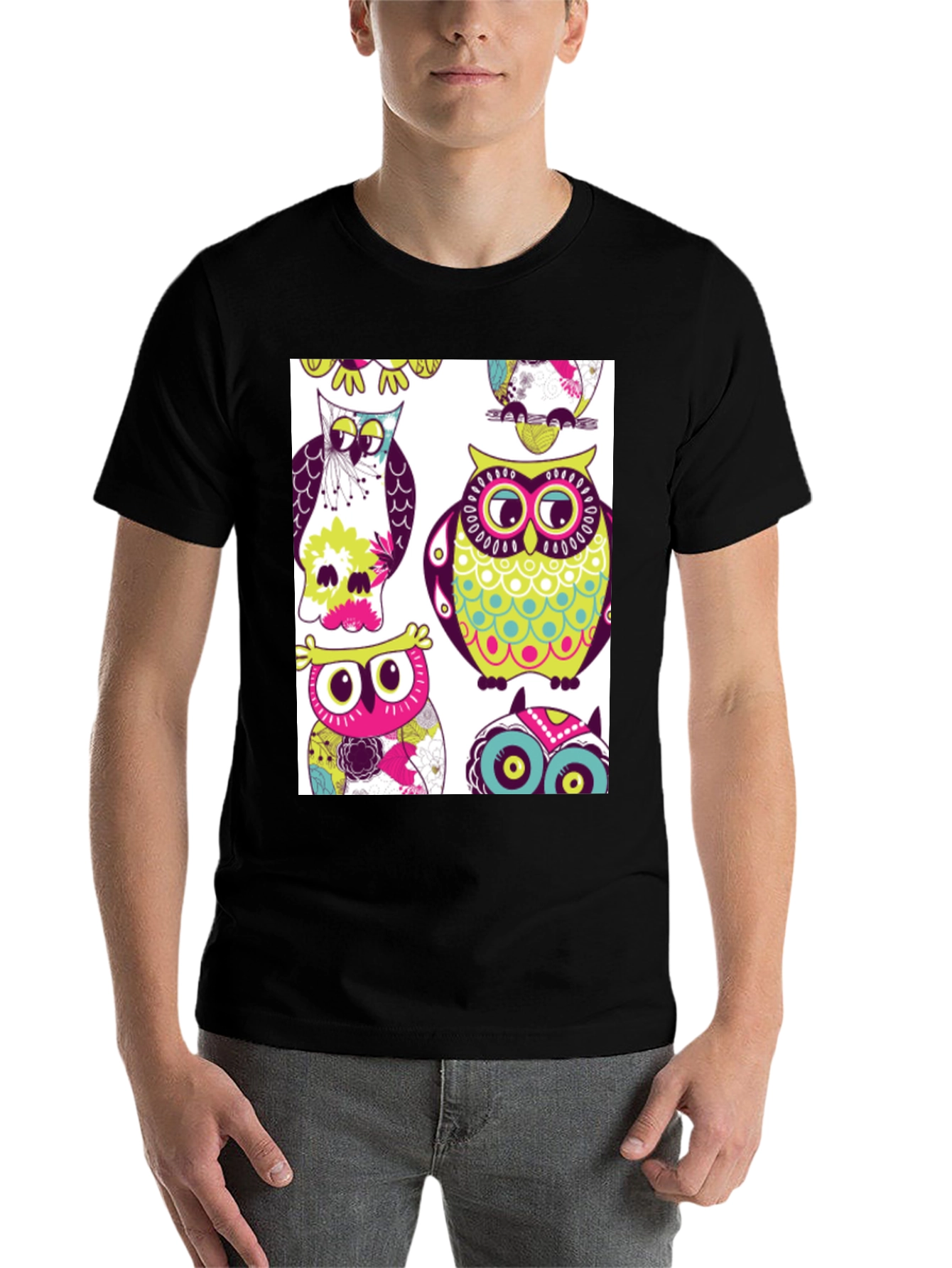 Black Owl Pattern Graphic Print Crew Neck Tee view 7