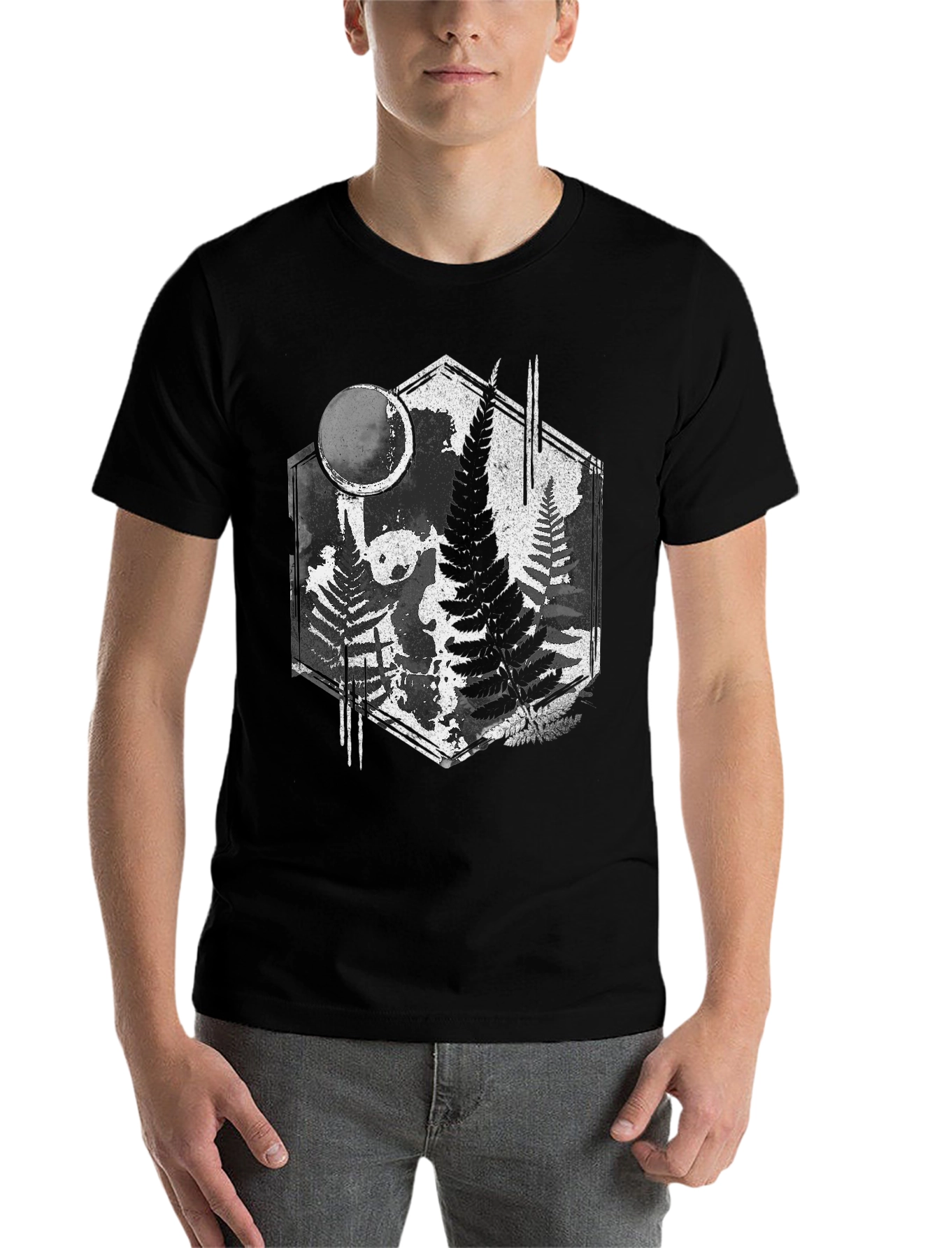 Black Fern Forest Panda Black T-Shirt - Nature Inspired Graphic Tee view 7