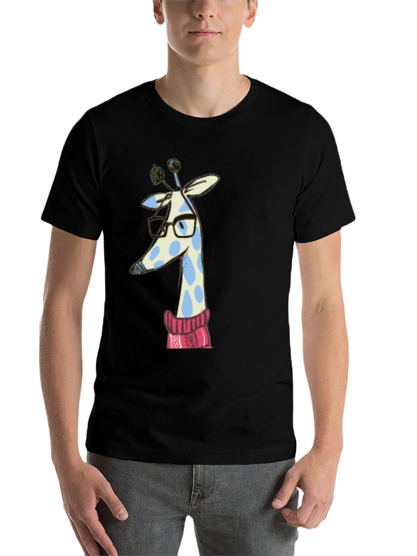 Black Giraffe in Sweater Graphic Tee - Unisex Black T-Shirt view 7