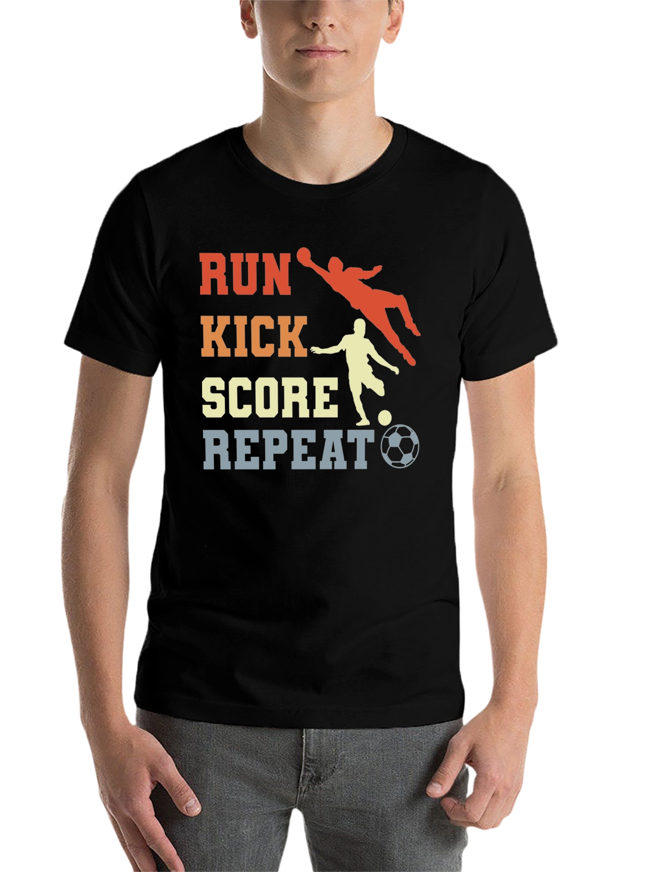 Black Run Kick Score Repeat Soccer T-Shirt view 7