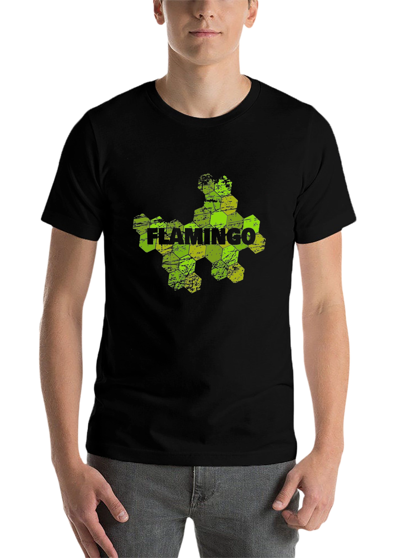 Black Flamingo Hexagon Graphic Black T-Shirt view 7