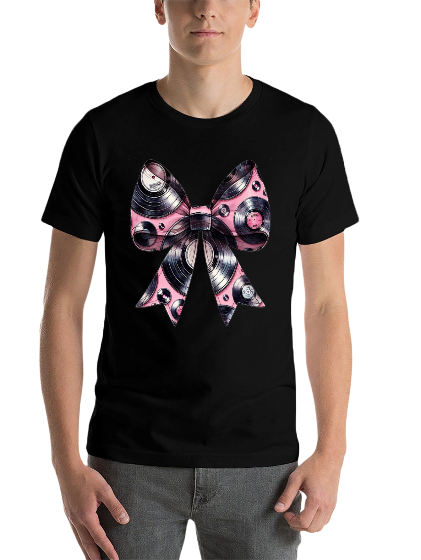 Vinyl Record Bow Tie Graphic Black T-Shirt - 7