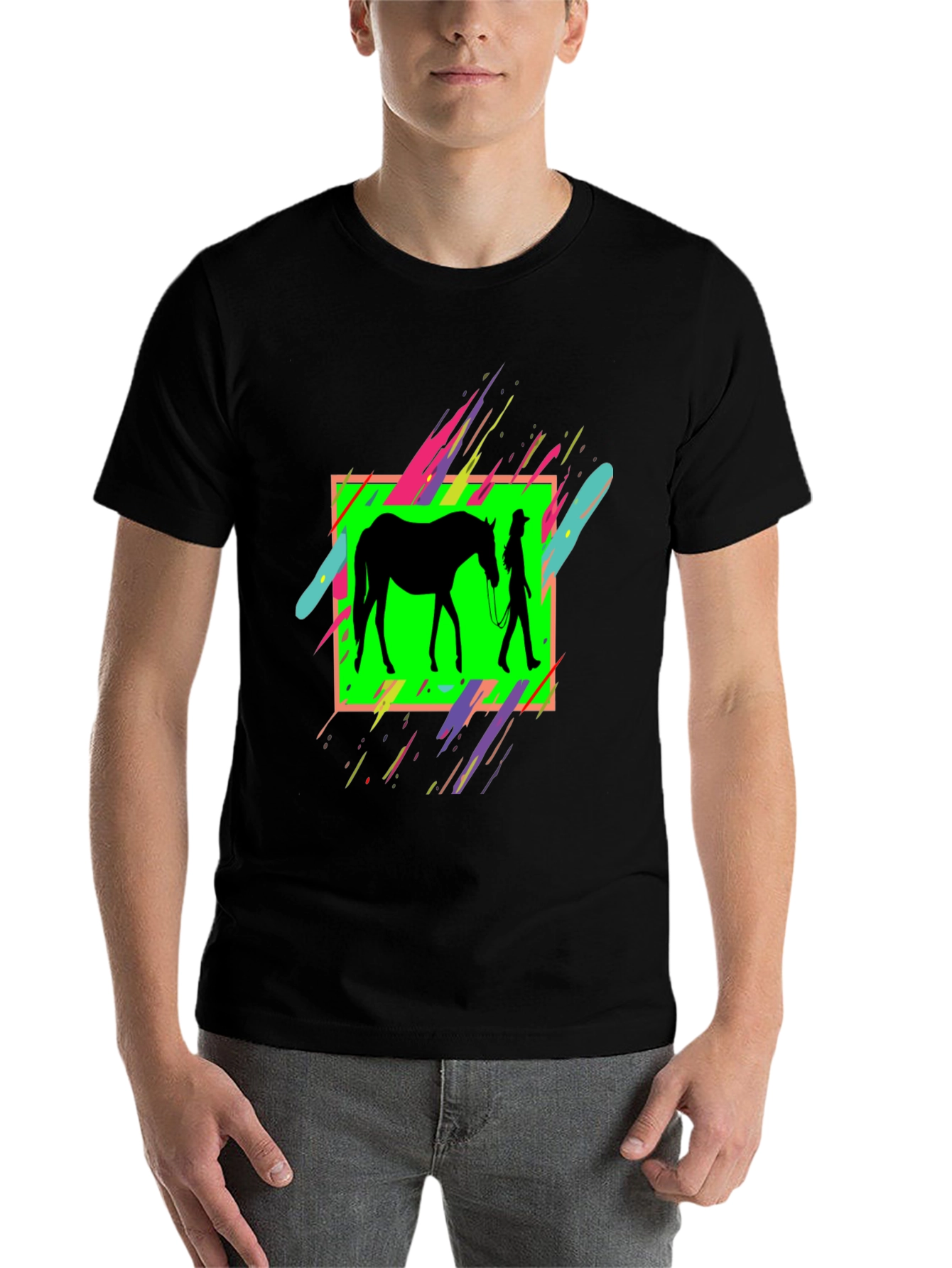 Black Horse & Rider Graphic Tee - Neon Silhouette Design view 7