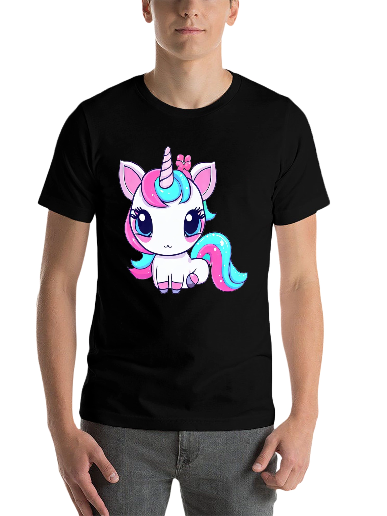 Black Cute Cartoon Unicorn Black T-Shirt view 7