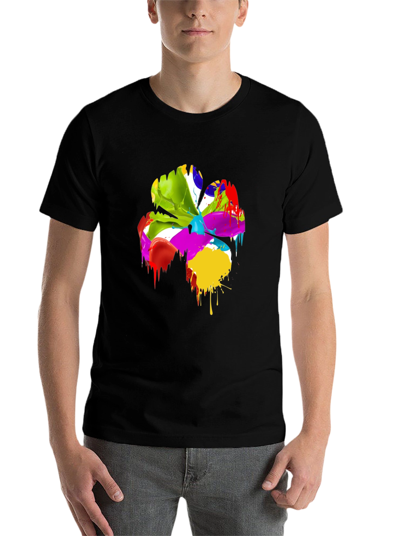 Black Abstract Paint Splatter Clover T-Shirt view 7
