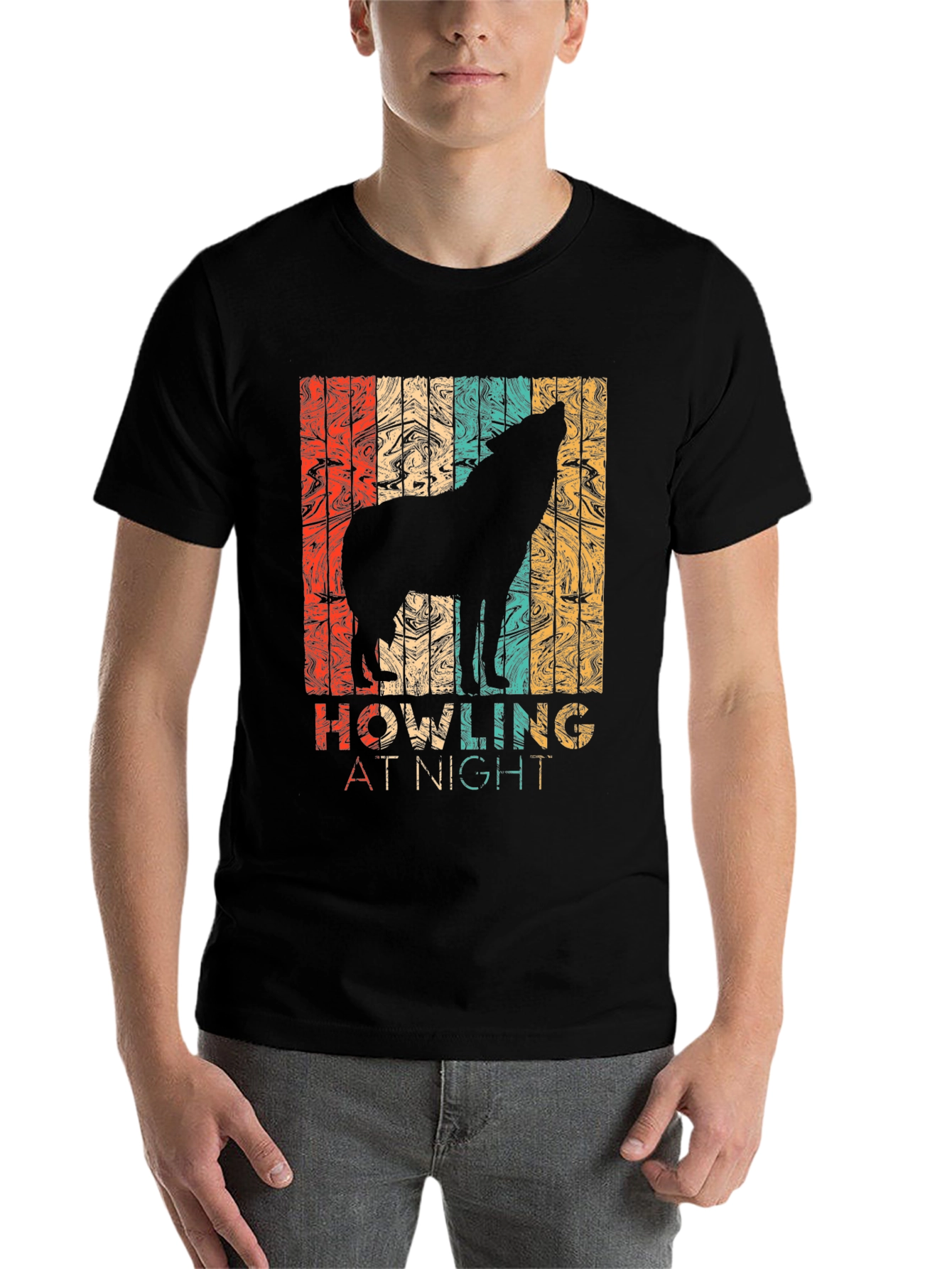 Black Retro Wolf Howling at Night Graphic T-Shirt view 7
