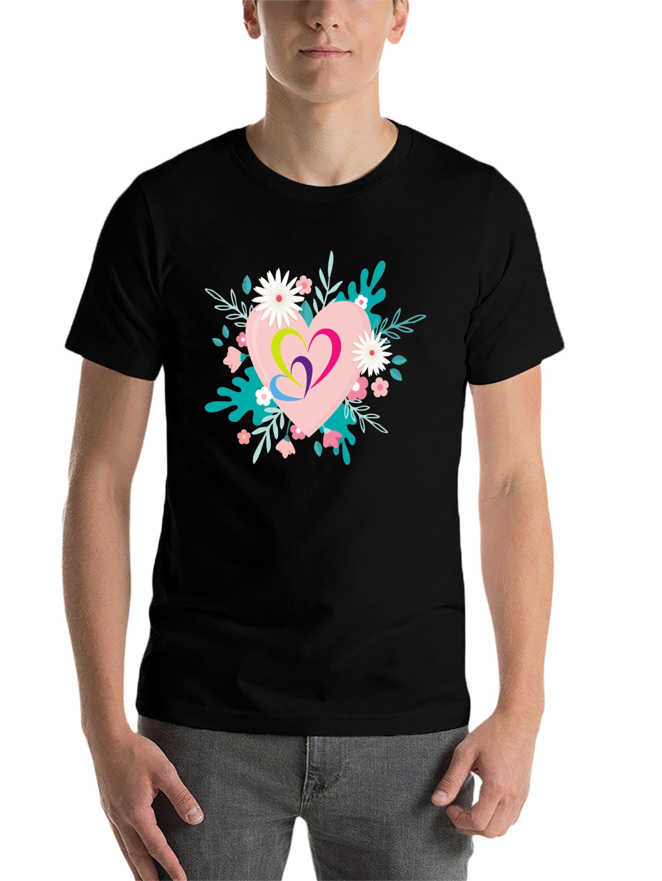 Black Floral Heart Graphic Black T-Shirt view 7