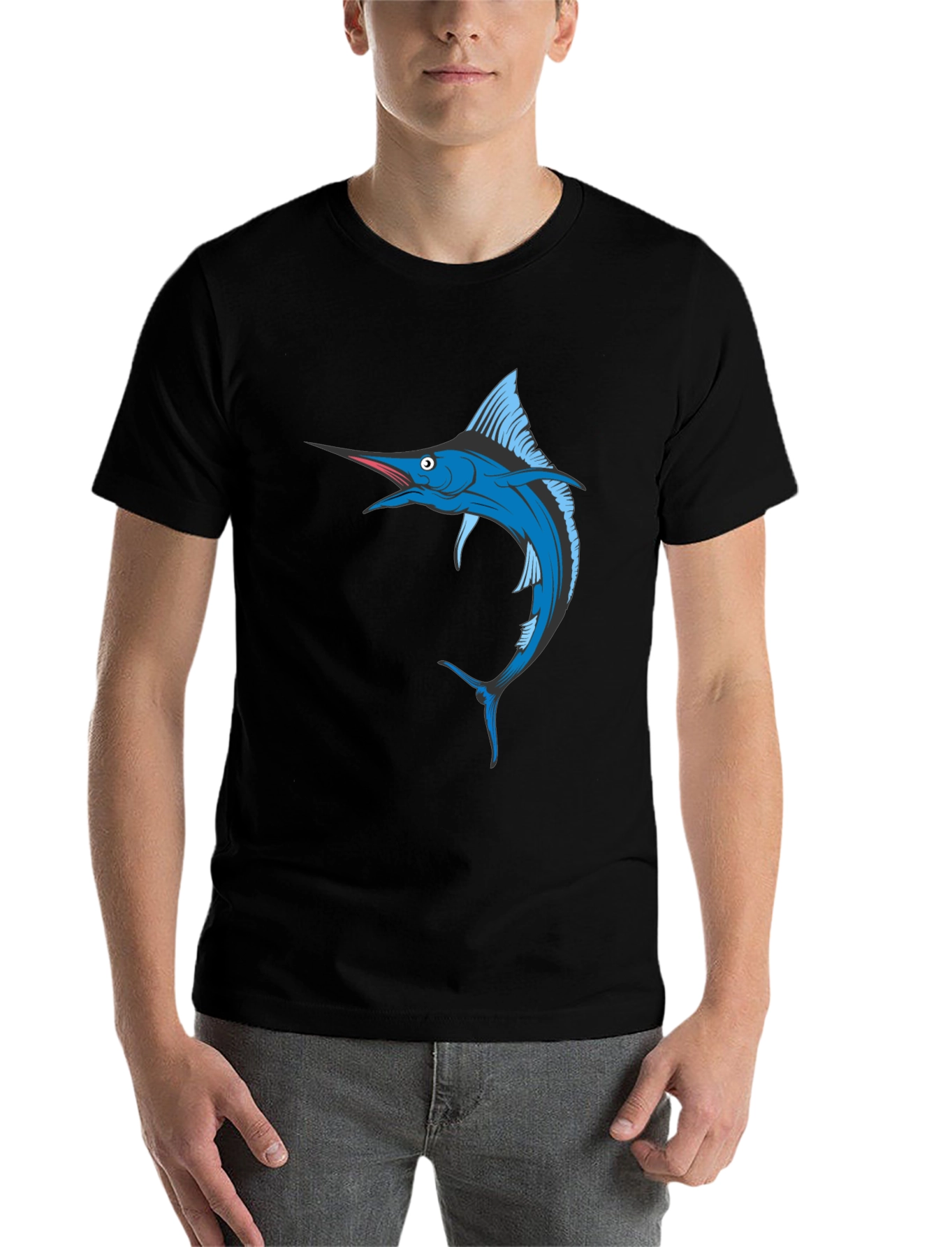 Black Blue Marlin Fish Graphic T-Shirt - Black Cotton Tee view 7