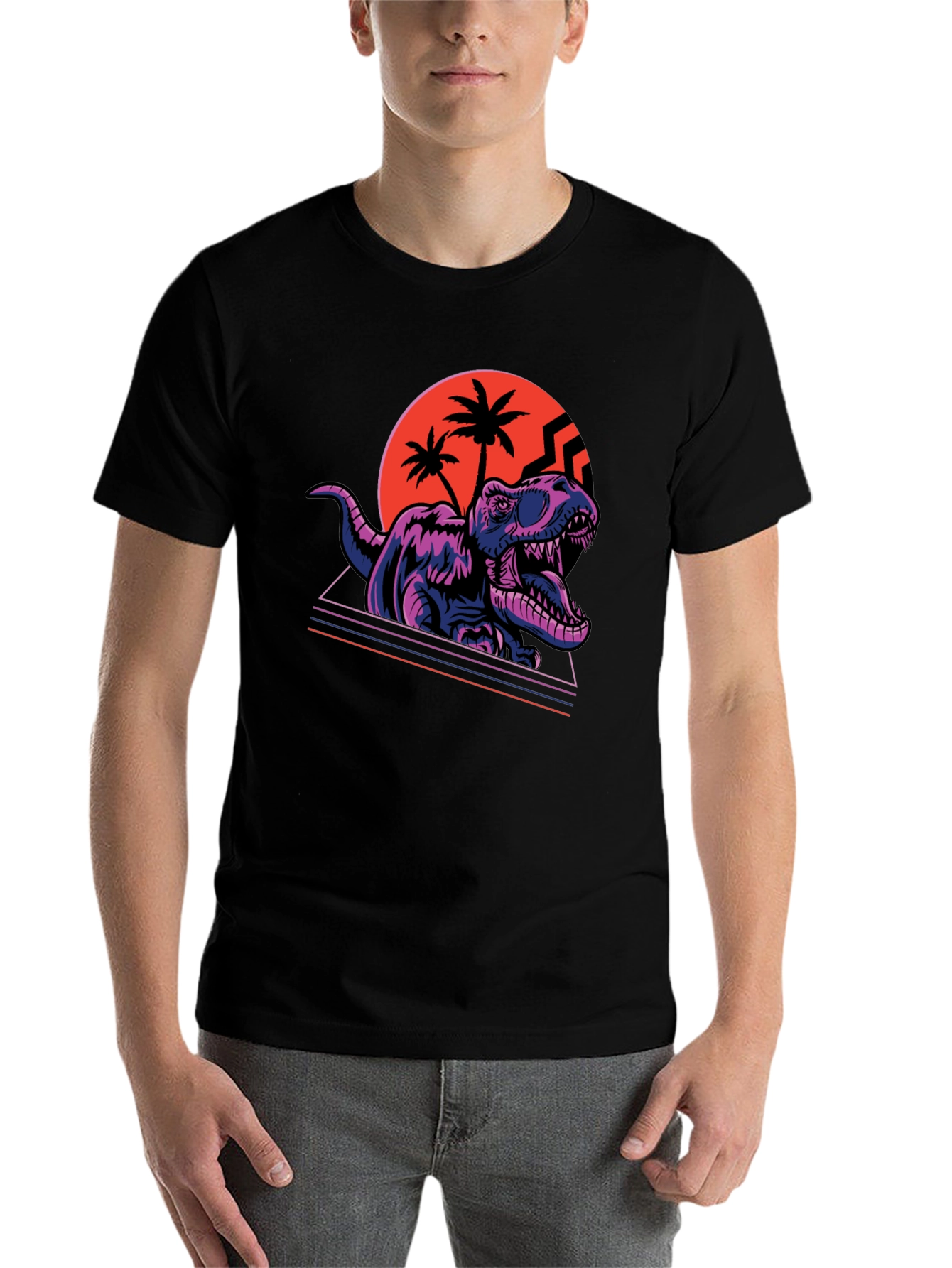 Black Retro Dinosaur T-Shirt - Synthwave Rex Tee view 7