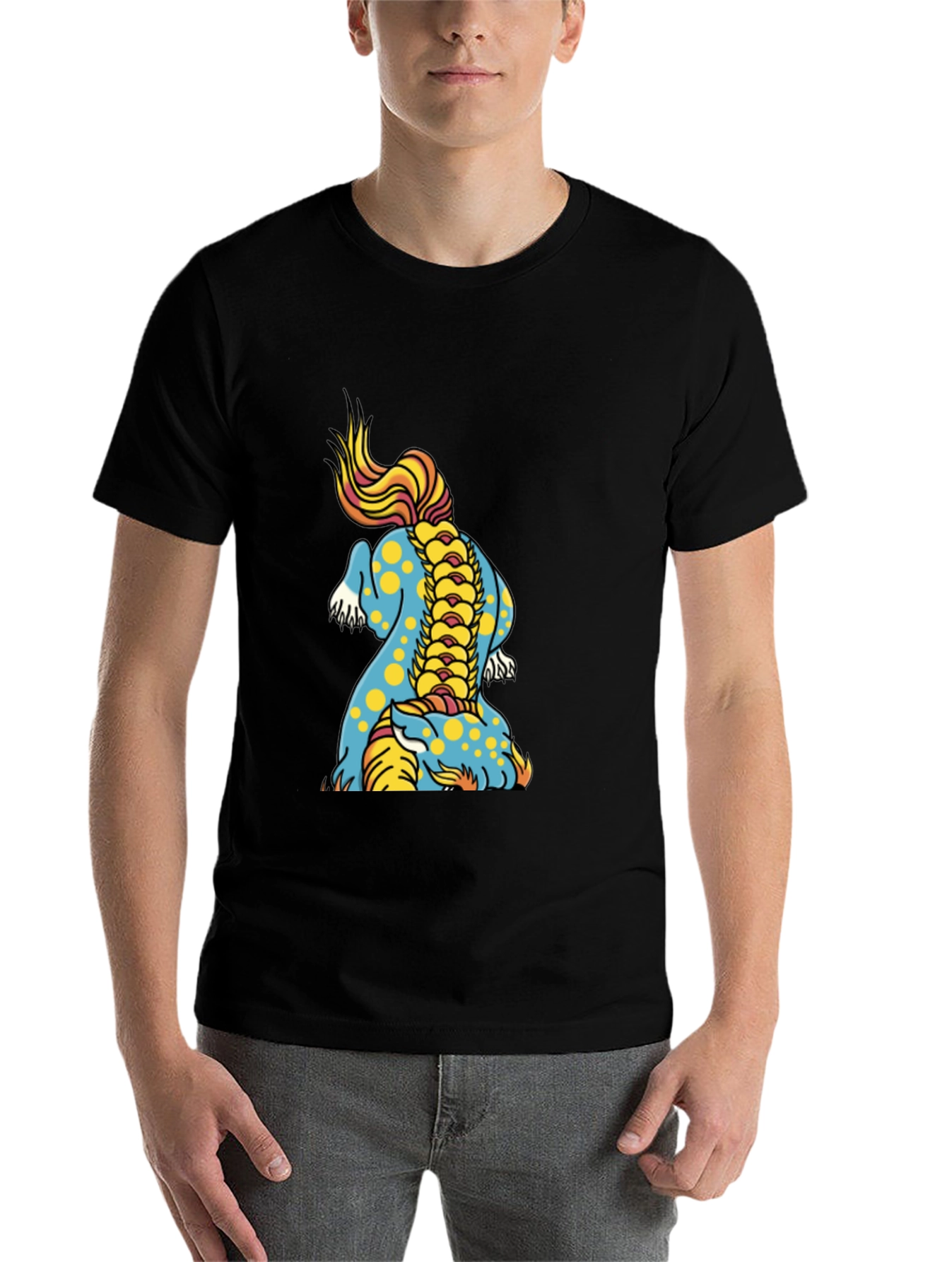 Black Men's Black T-Shirt with Colorful Dragon Design view 7