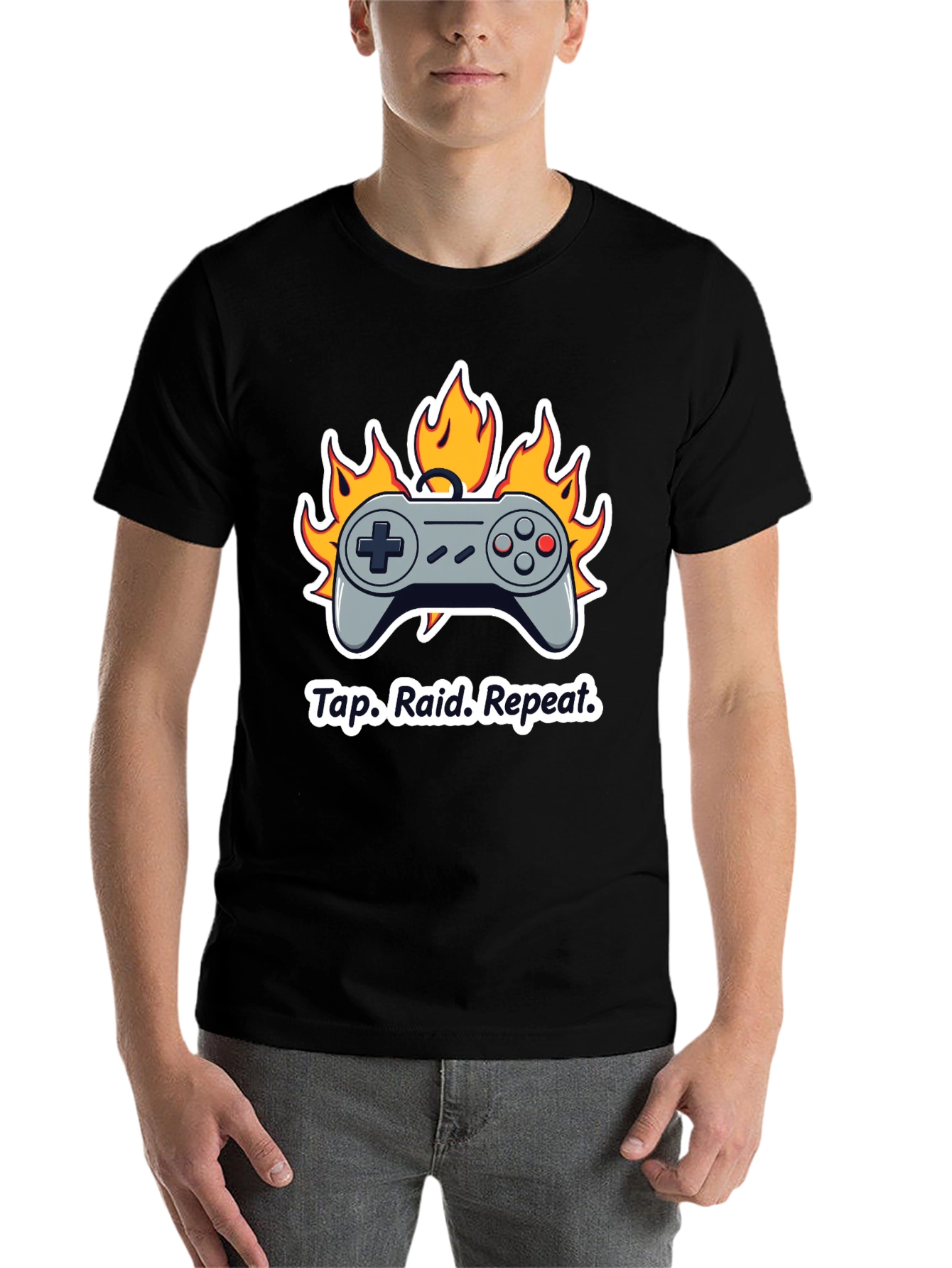 Black Gamer T-Shirt: Tap Raid Repeat - Controller in Flames view 7