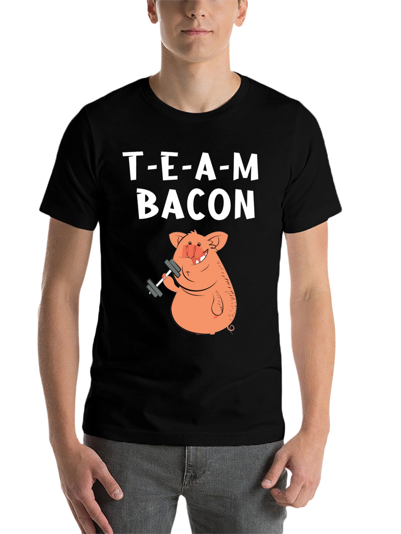 Black Team Bacon Pig Lifting Weights Graphic T-Shirt view 7
