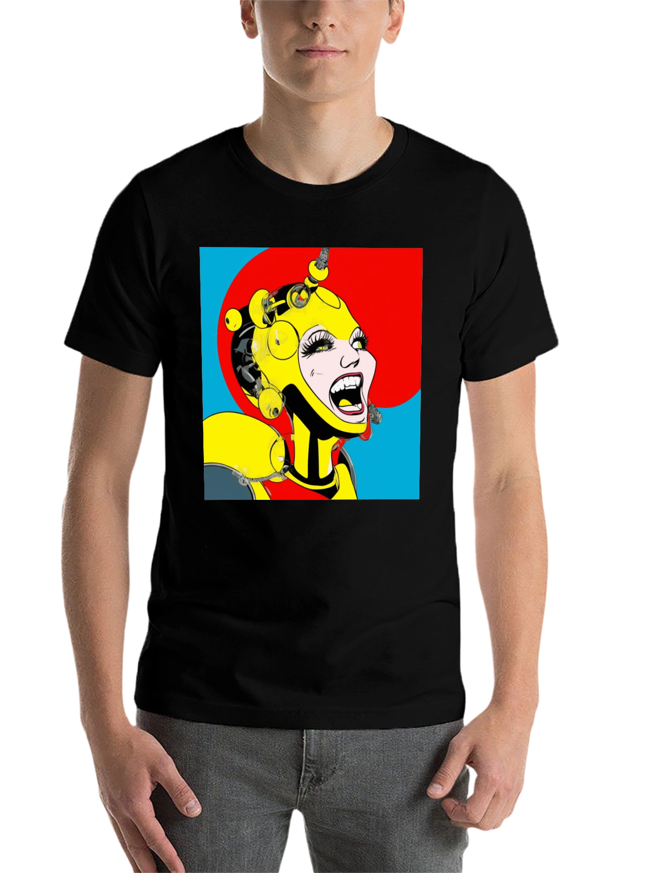 Black Pop Art Robot Woman Graphic T-Shirt view 7