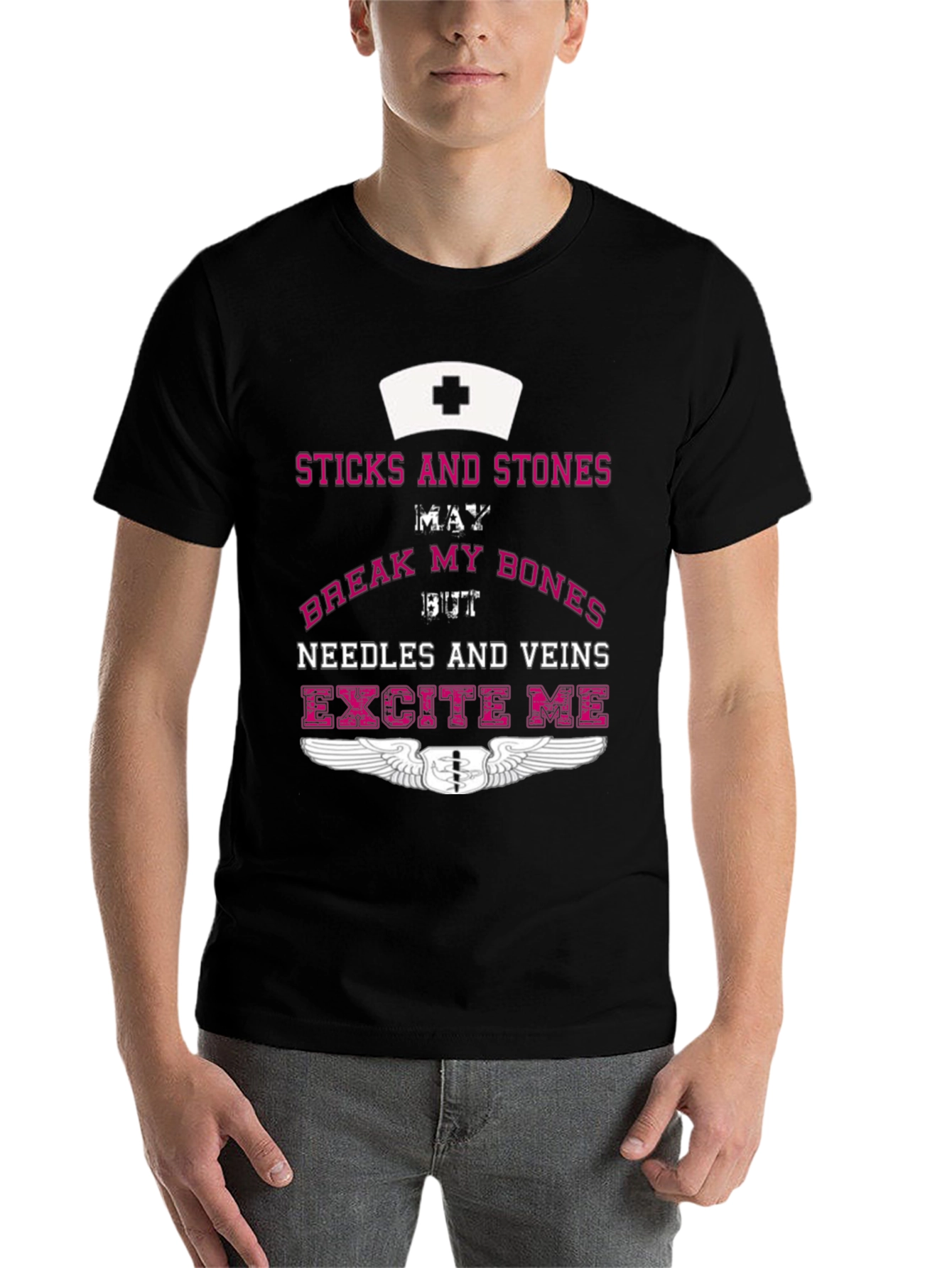 Black Nurse Humor T-Shirt - Sticks & Stones, Needles & Veins view 7