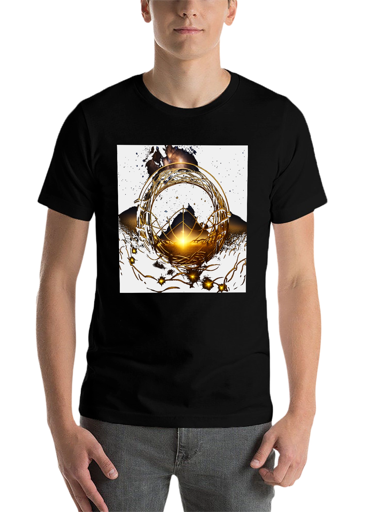 Black Geometric Gold Design Black T-Shirt view 7