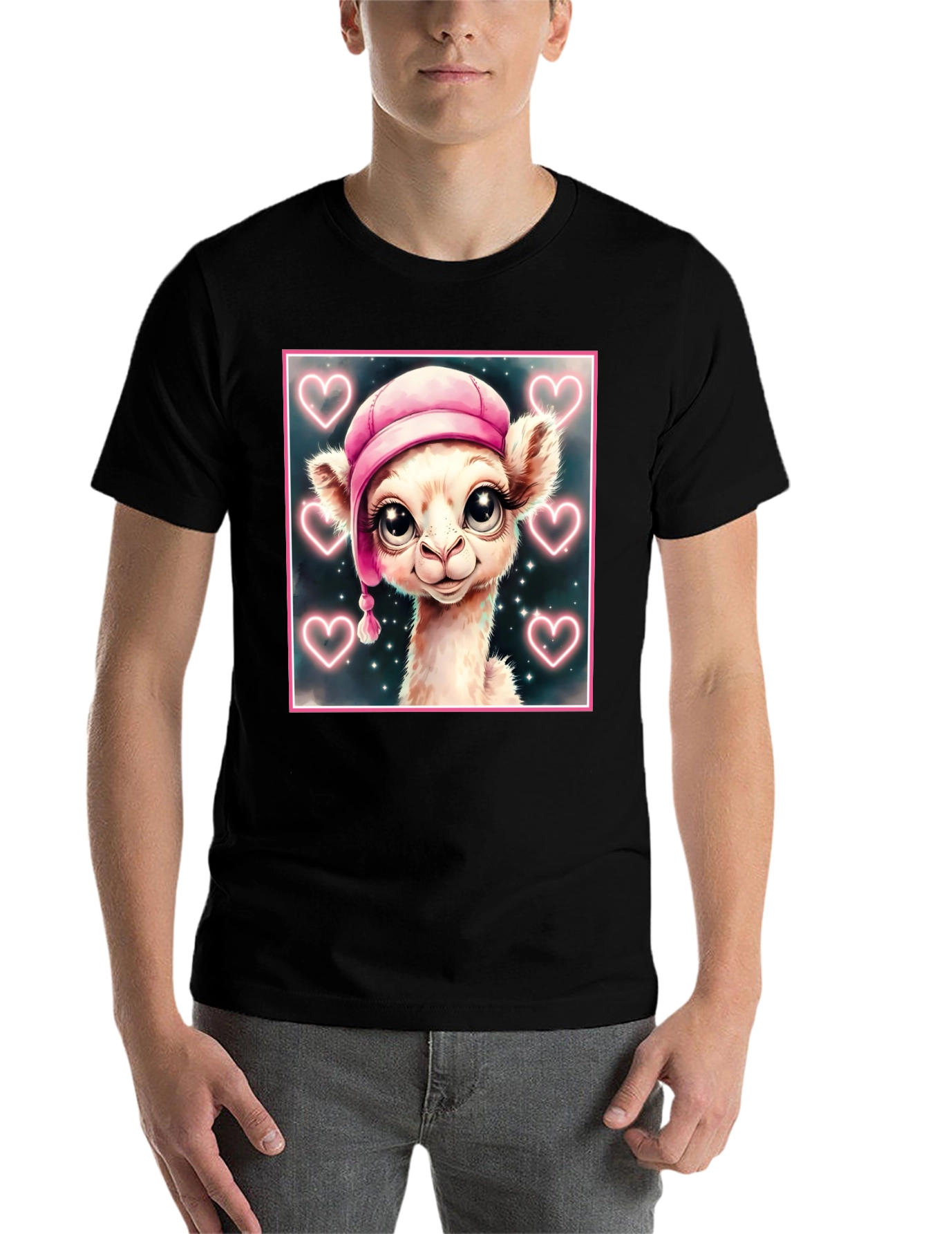 Black Cute Llama in Pink Hat - Graphic Tee view 7
