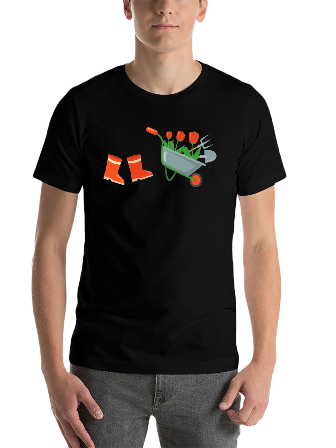 Black Gardening T-Shirt: Wheelbarrow, Boots & Tools Design view 7