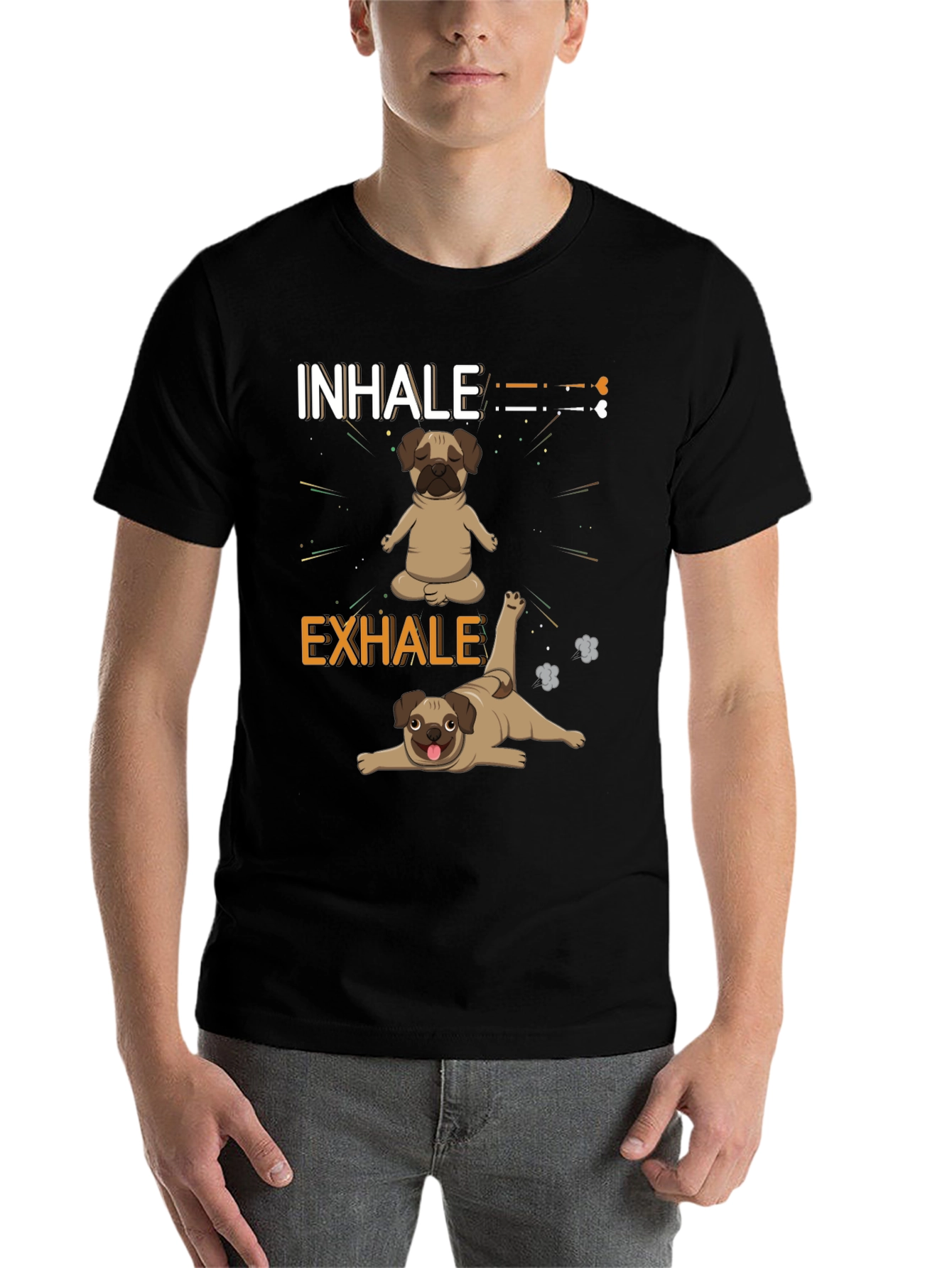 Black Yoga Pug T-Shirt: Inhale Exhale Funny Dog Tee view 7