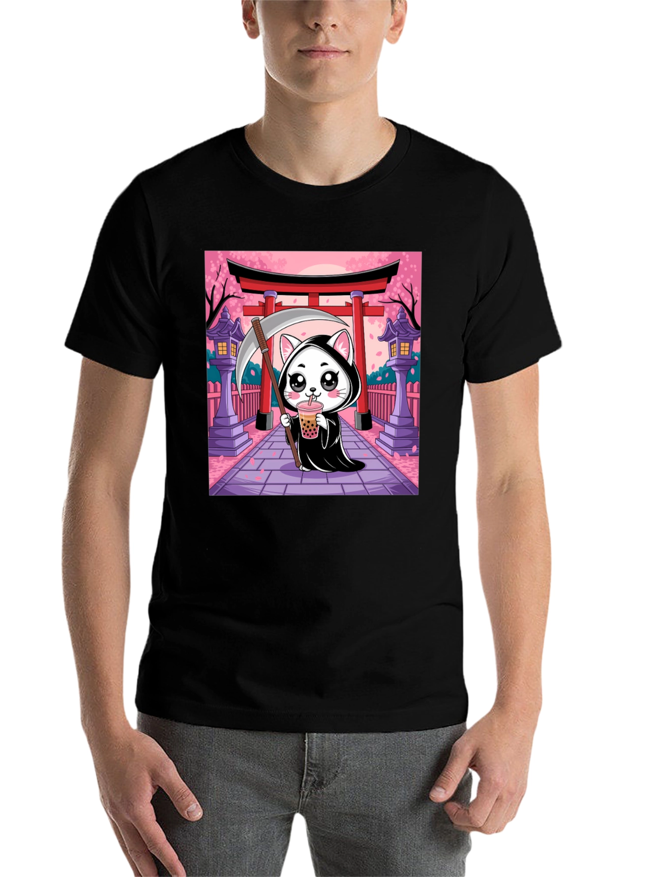 Black Kawaii Grim Reaper Cat T-Shirt view 7