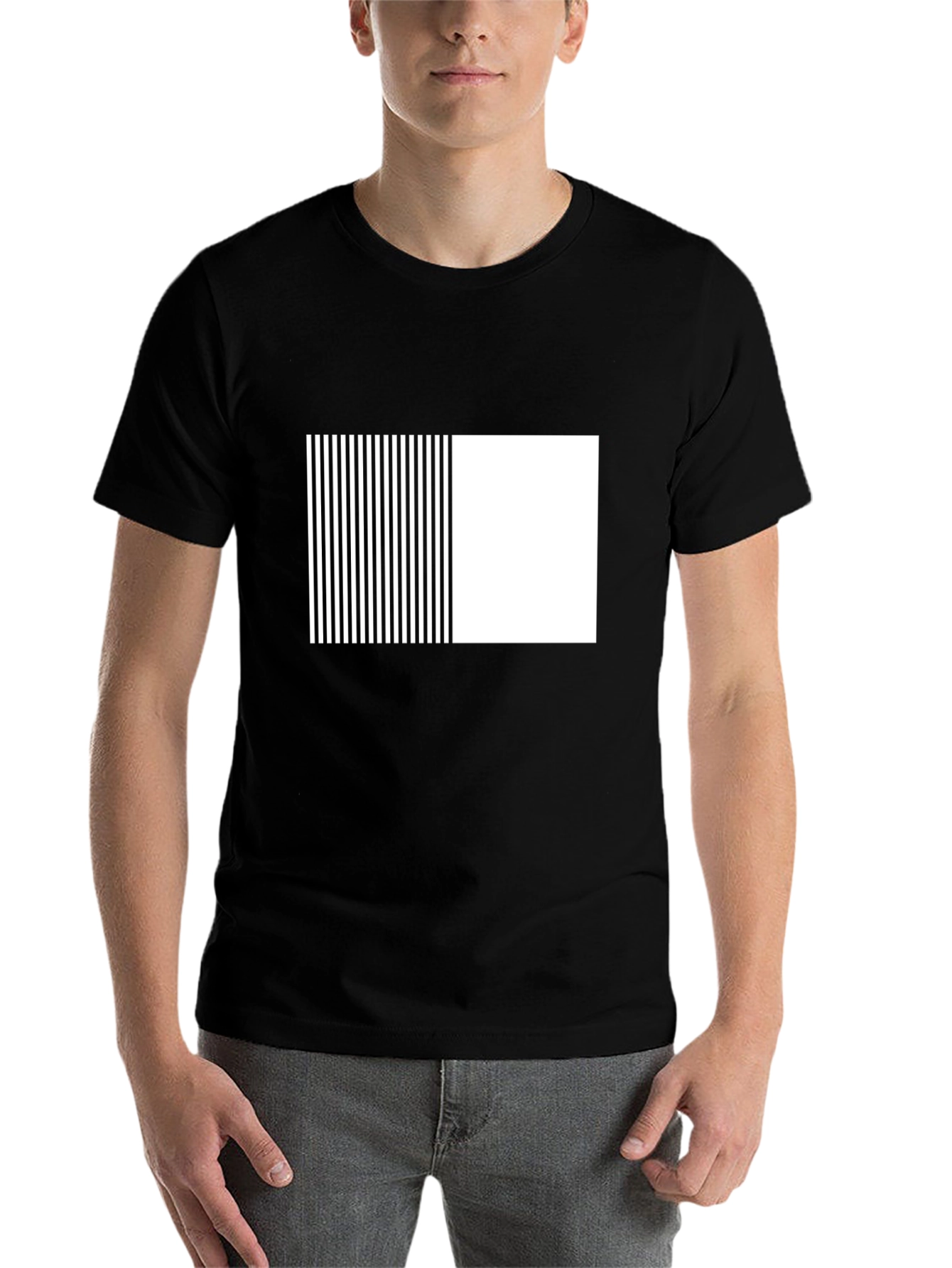 Black Modern Black Tee with Geometric Stripe Block Design view 7