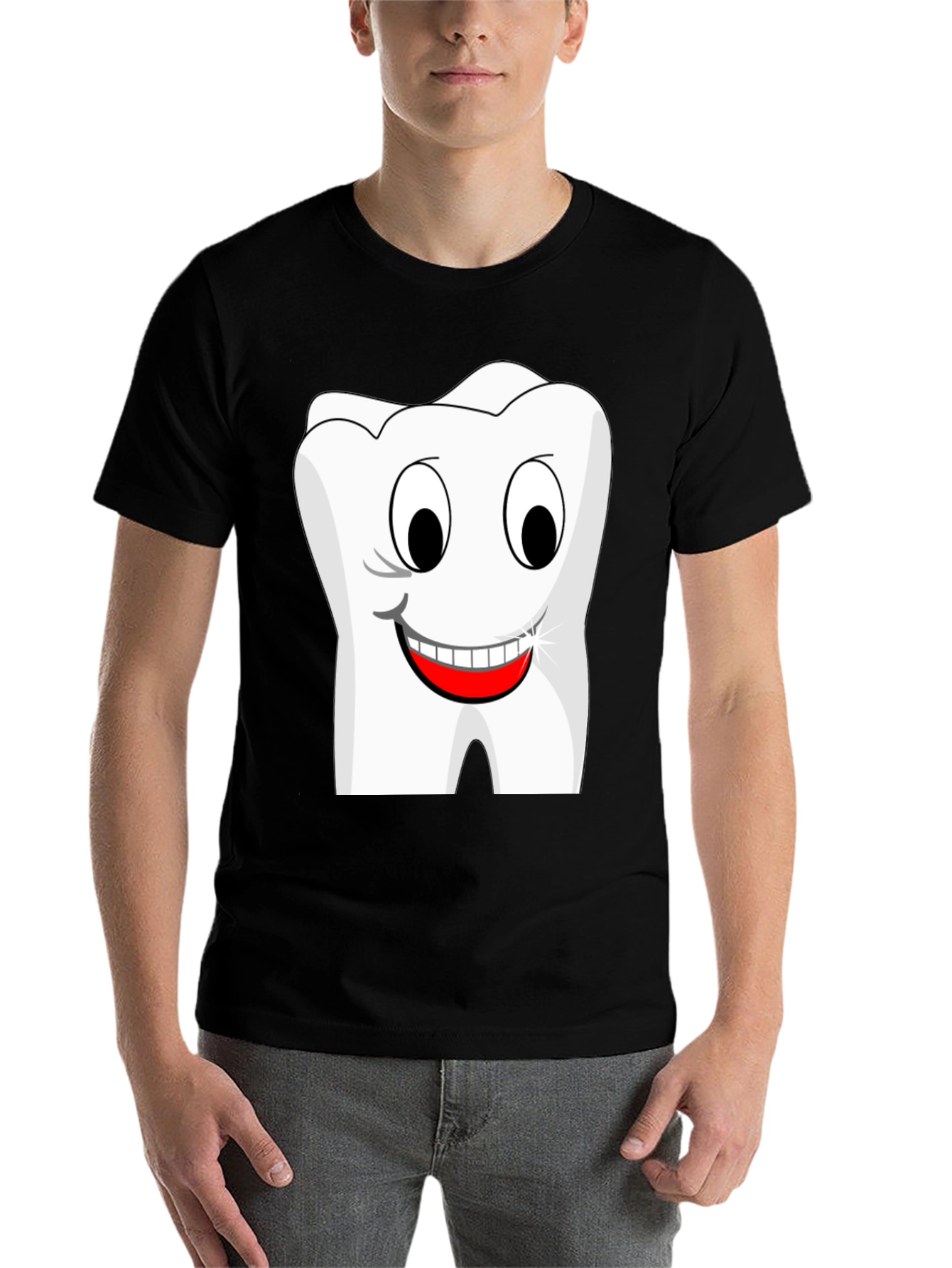 Black Funny Cartoon Tooth Graphic T-Shirt - Black Cotton Tee view 7