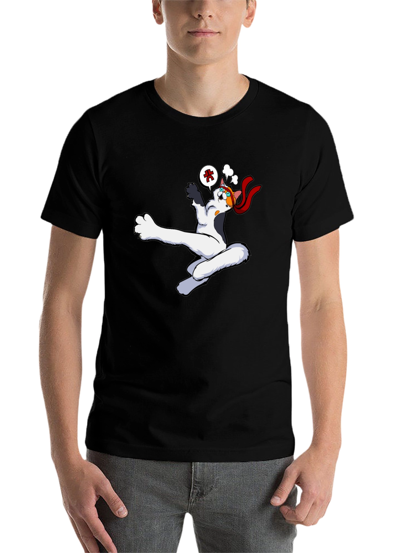 Black Funny Cartoon Cat Black T-Shirt view 7