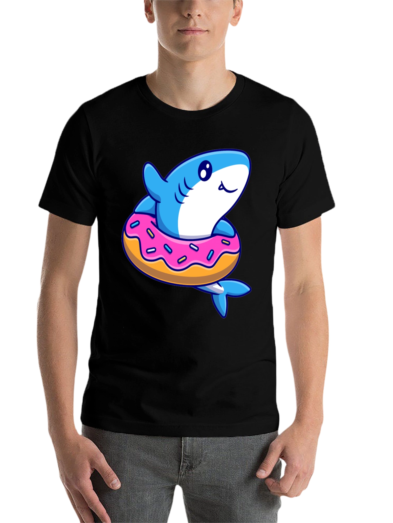Black Shark Donut T-Shirt - Fun Cartoon Graphic Tee view 7