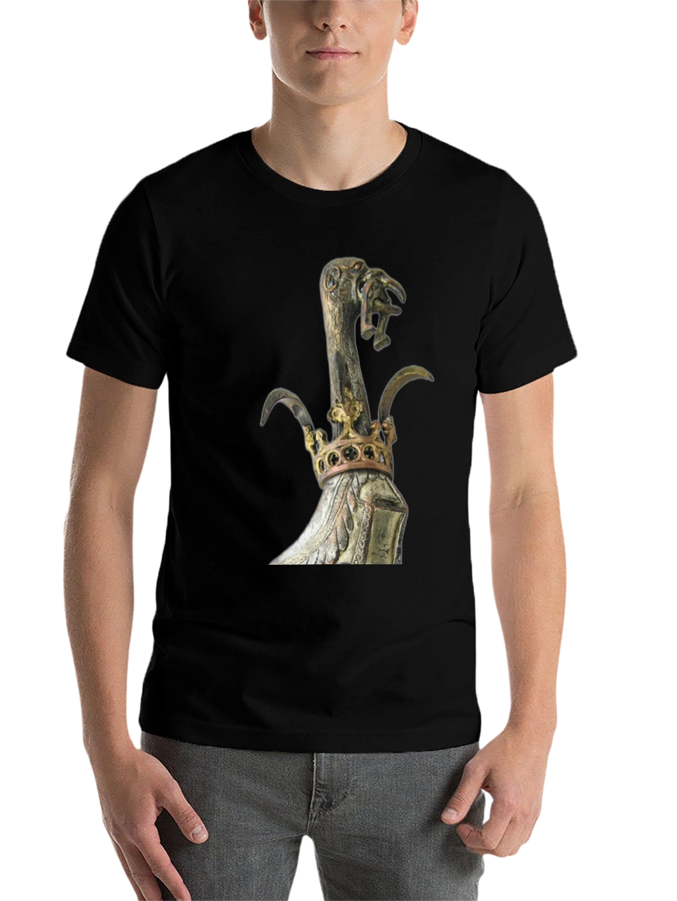 Black Black T-Shirt with Ornate Crown and Bird Scepter Design view 7