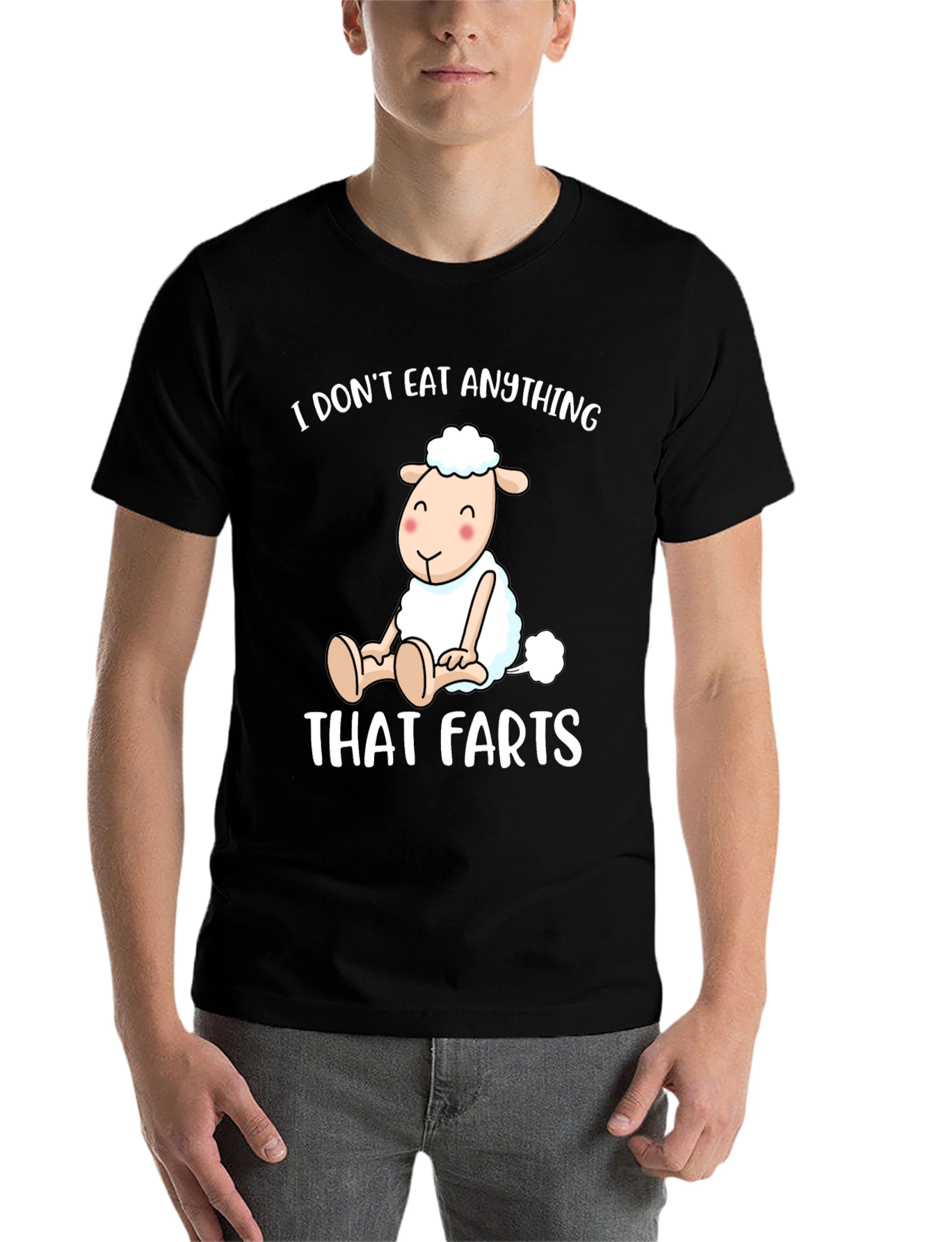 Black Vegan Sheep T-Shirt - I Don't Eat Anything That Farts view 7