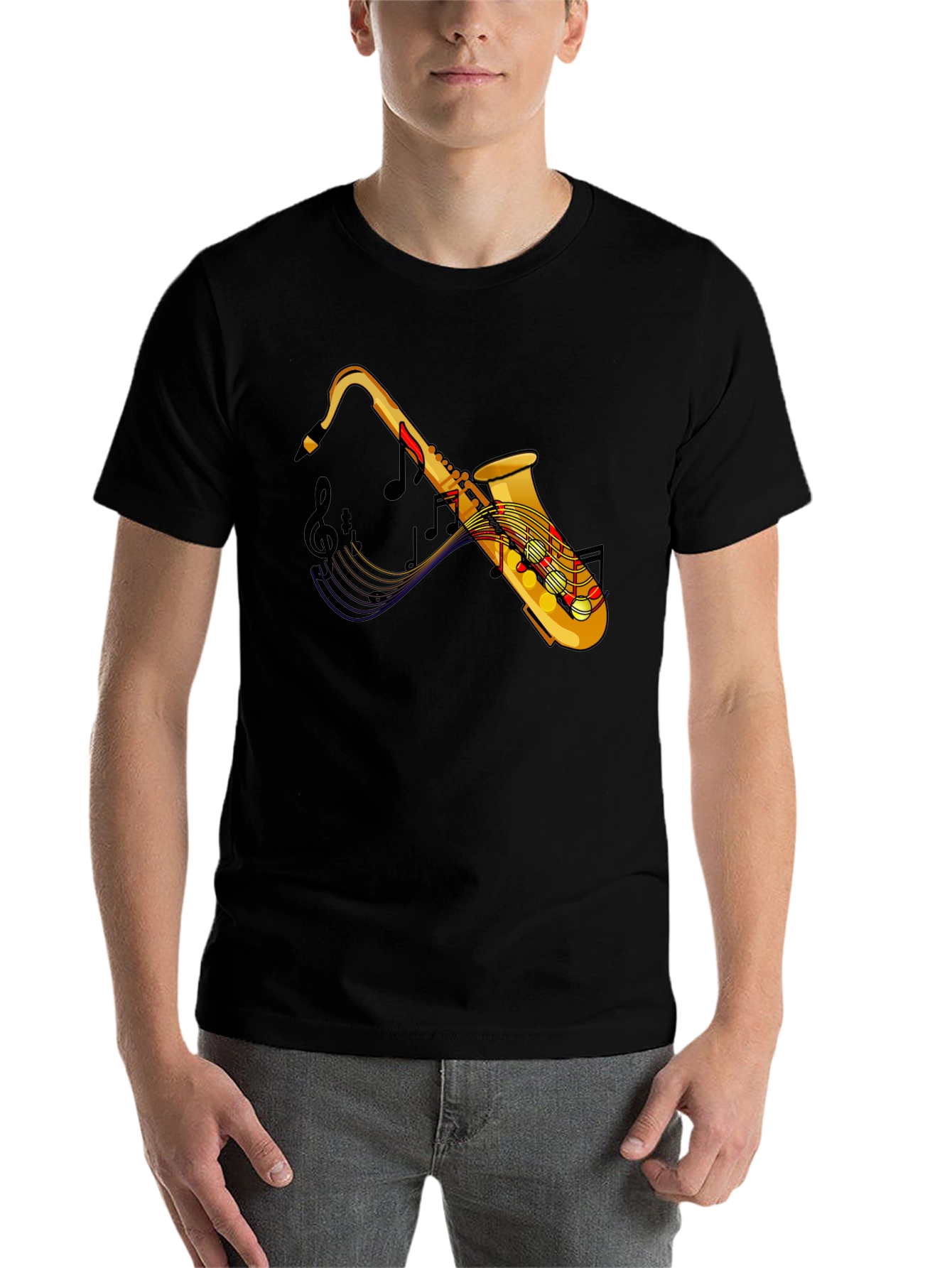 Black Saxophone Music Notes Graphic Black Tee Shirt view 7
