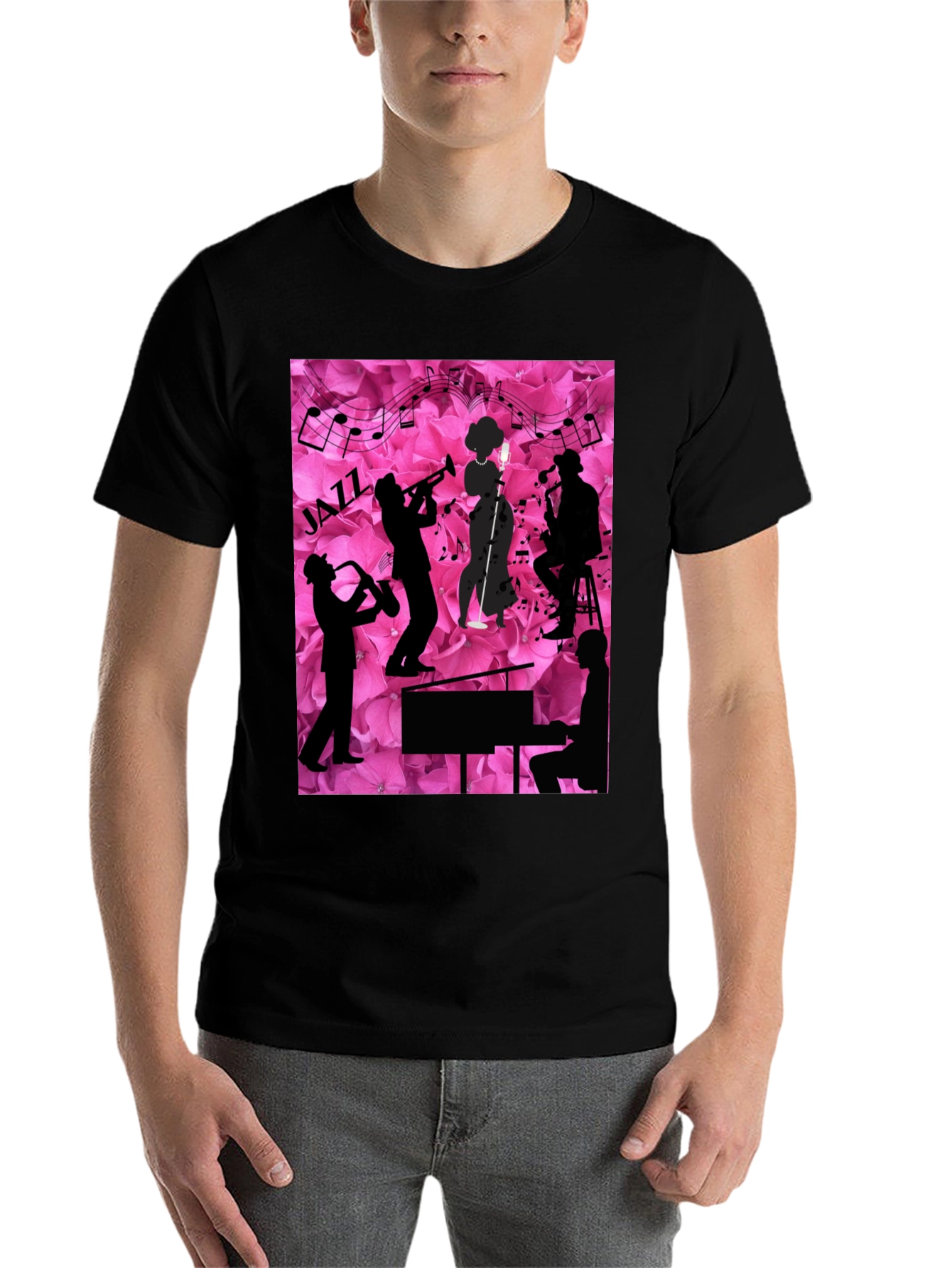 Black Jazzy Floral T-Shirt - Music Lover's Tee view 7